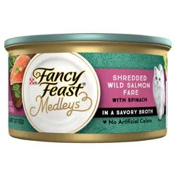 Purina Fancy Feast Wet Cat Food, Medleys Shredded Wild Salmon Fare With Spinach in a Savory Cat Food Broth
