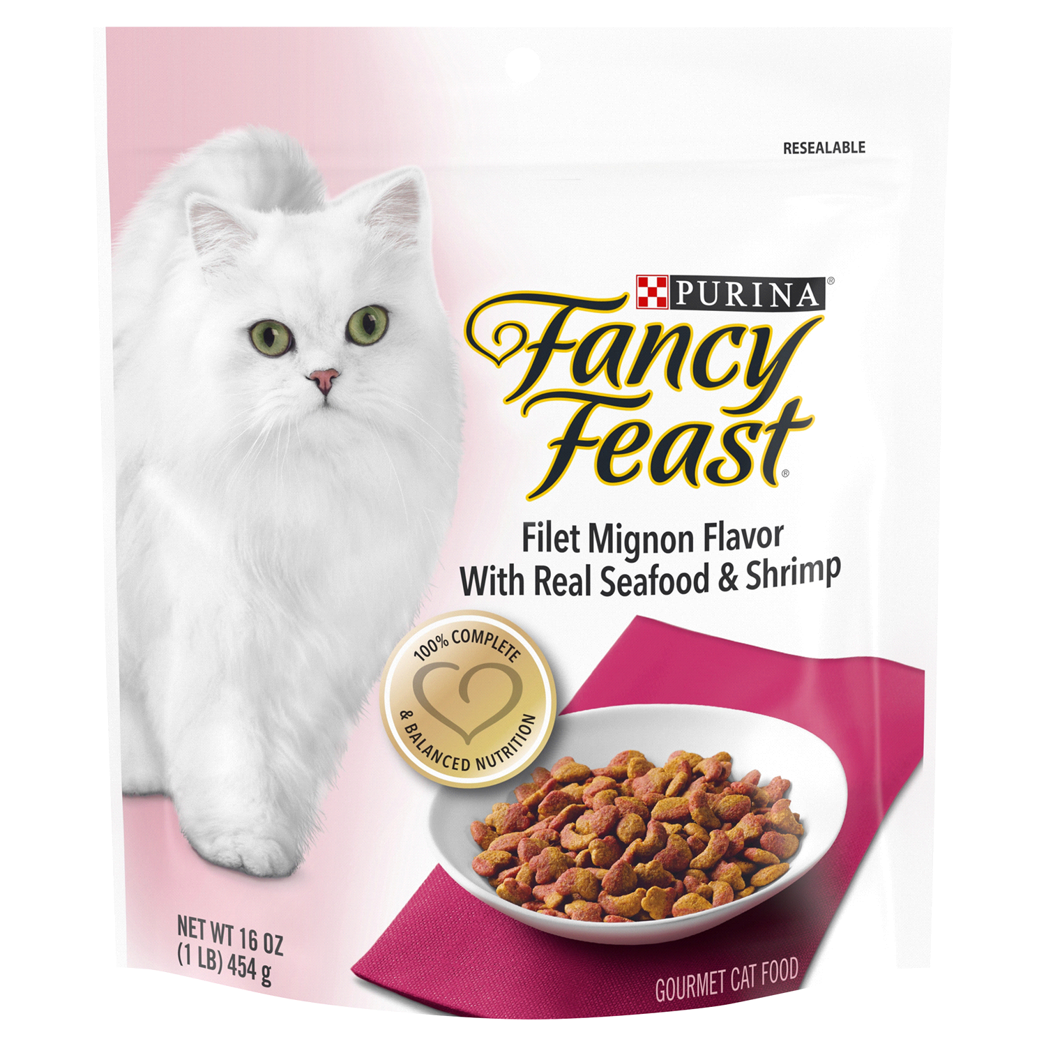 slide 1 of 5, Fancy Feast Purina Fancy Feast Dry Cat Food Filet Mignon Flavor With Seafood and Shrimp - 16 oz. Bag, 1 lb