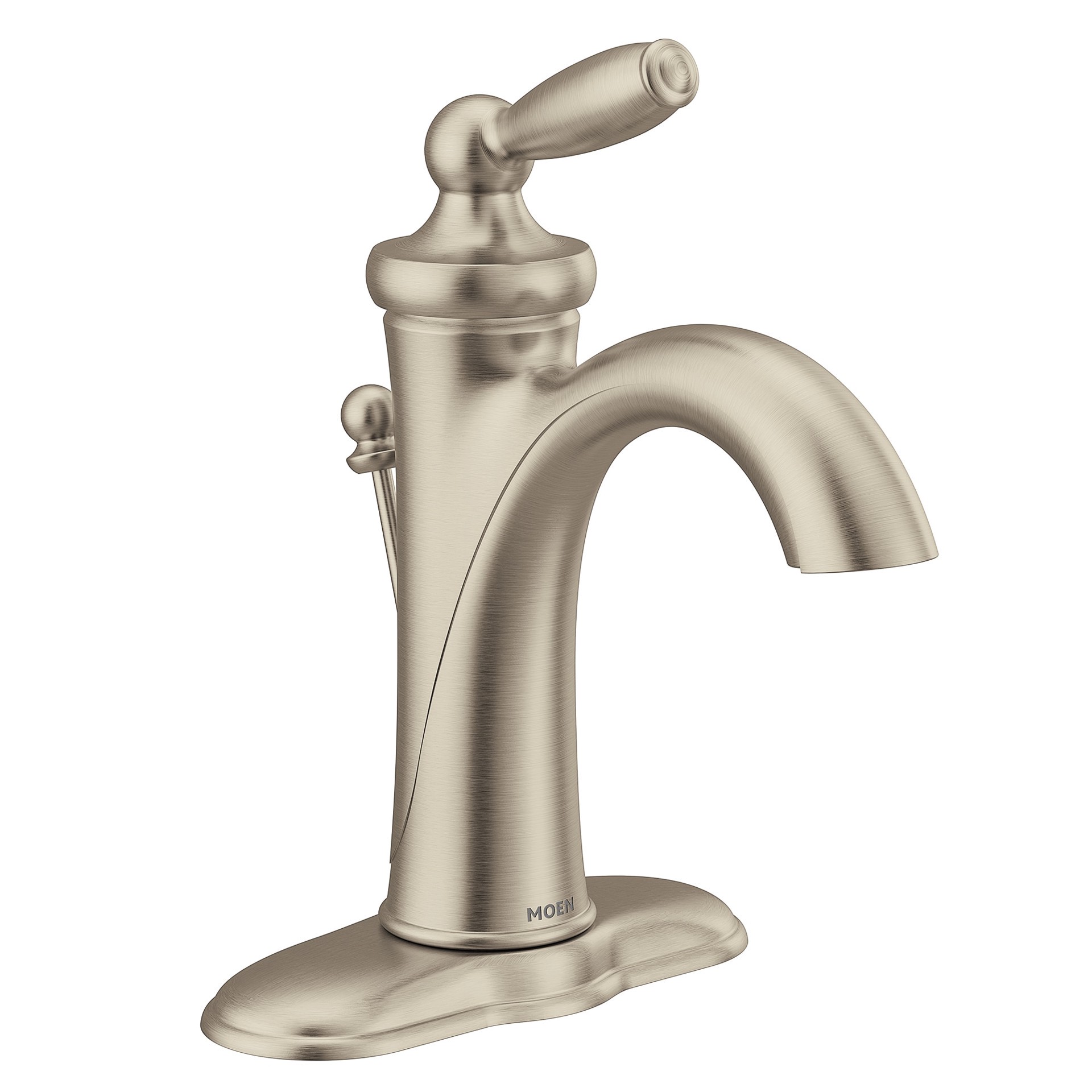 slide 5 of 5, Moen Brantford Brushed Nickel 4-in centerset 1-Handle WaterSense Bathroom Sink Faucet with Drain and Deck Plate, 1 ct
