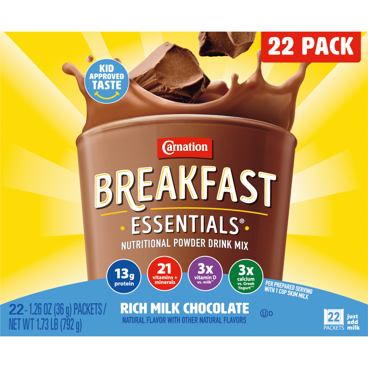 slide 1 of 6, Carnation Breakfast Essentials Powder Nutritional Shake Drink Mix Packets, Rich Milk Chocolate, 22 Count, 1.26 oz