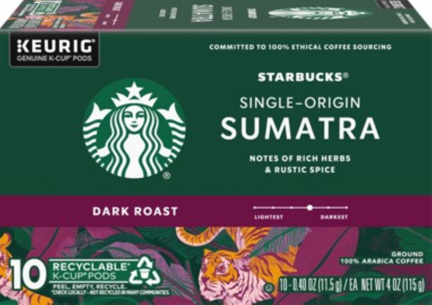 slide 1 of 3, Starbucks Single-Origin Dark Roast Ground Sumatra Coffee 10 - 0.40 oz K-Cup Pods, 10 ct