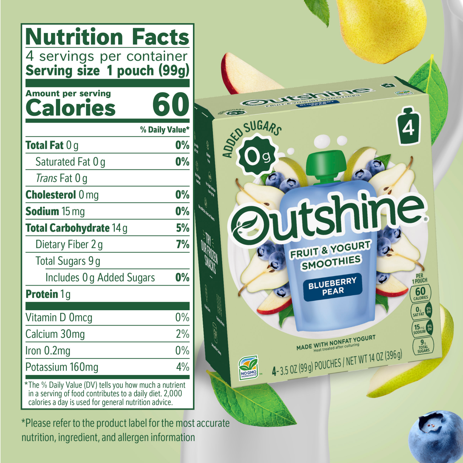 slide 2 of 8, Outshine Fruit & Yogurt Smoothie Blueberry Pear, 4-Pack of 3.5oz Fruit & Yogurt Pouches, 14 oz