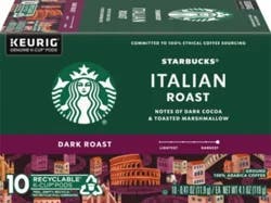 Starbucks Dark Roast Ground 100% Arabica Italian Roast Coffee 10 - 0.38 oz K-Cup Pods