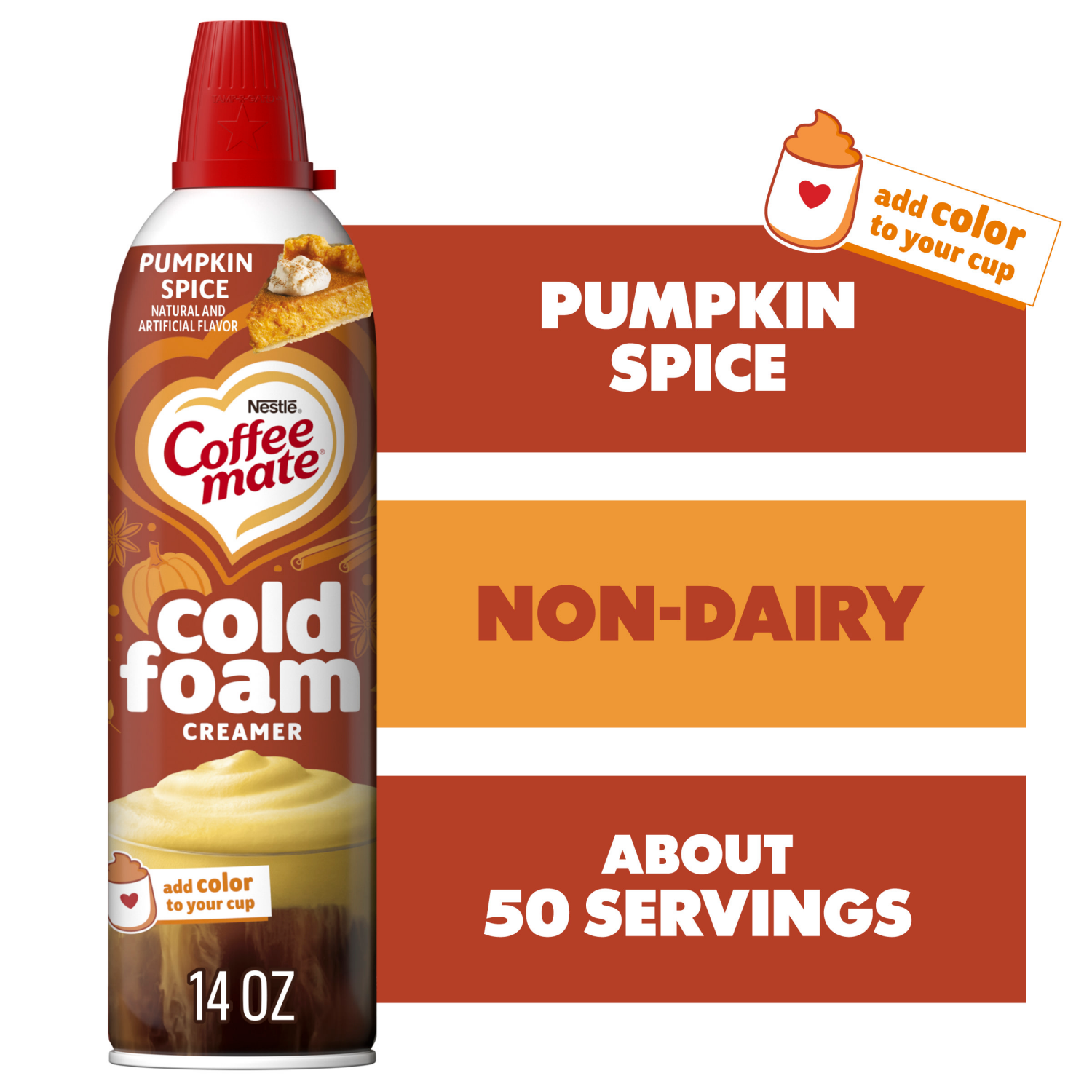 slide 1 of 8, Coffee mate Pumpkin Spice Flavored Cold Foam Creamer, Cold Creamer for Coffee, 14 oz