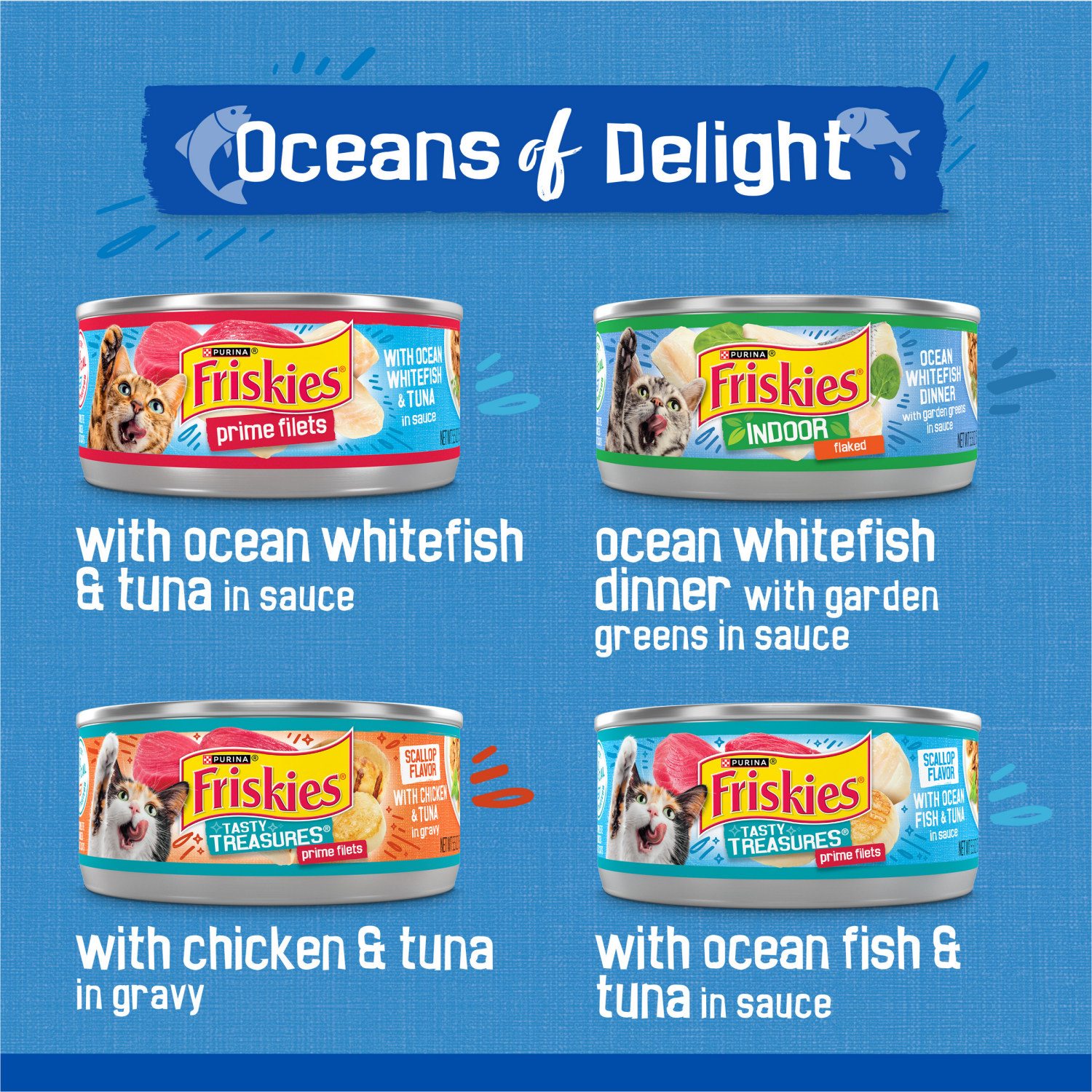 slide 5 of 8, Friskies Purina Friskies Wet Cat Food Variety Pack, Oceans of Delight Flaked and Prime Filets - (40) 5.5 oz. Cans, 40 ct