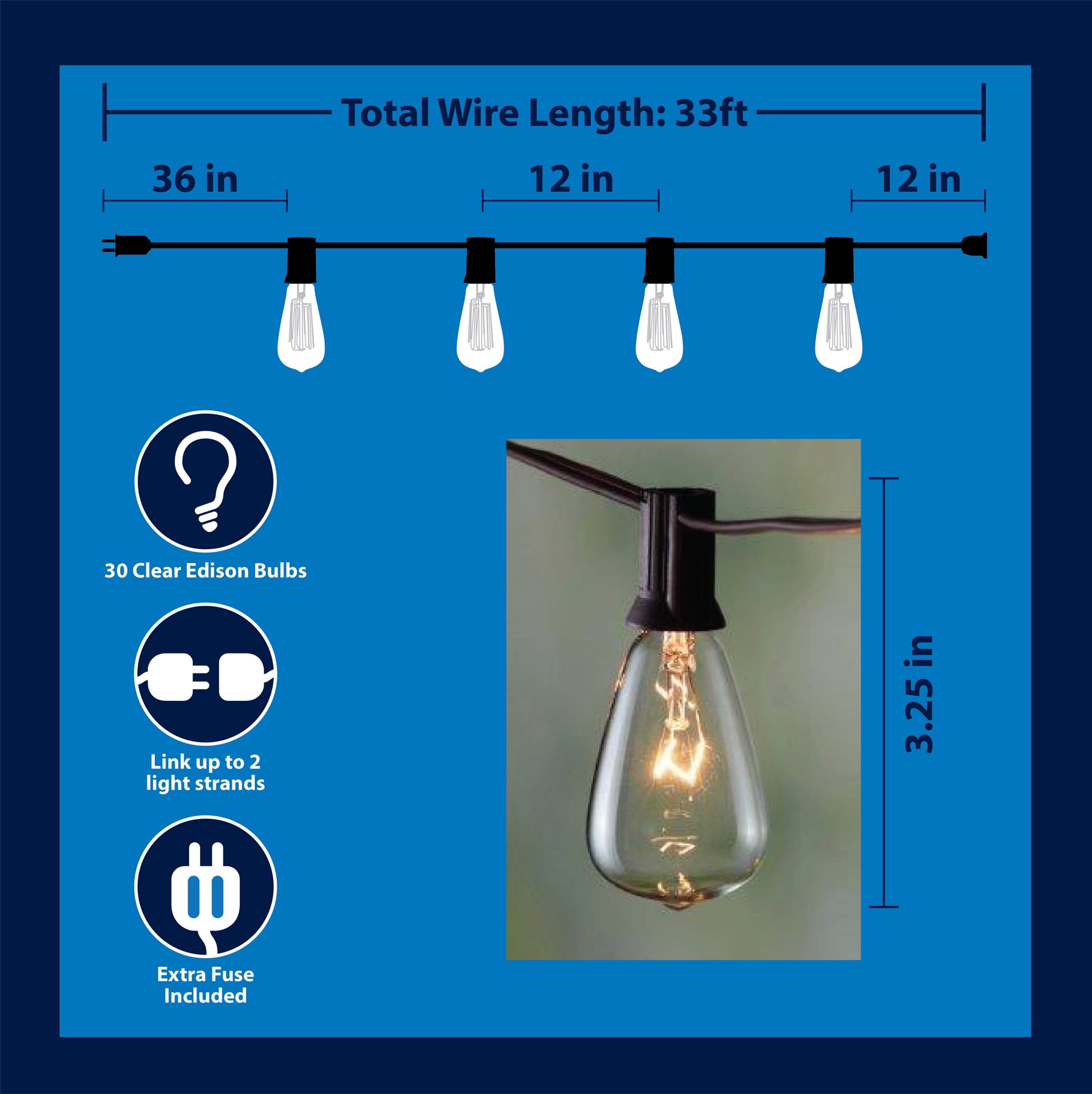 slide 4 of 6, allen + roth 33-ft Plug-in Brown Outdoor String Light with 30 White -Light Incandescent Edison Bulbs, 1 ct
