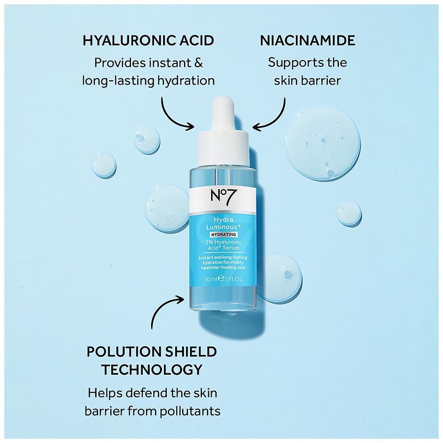 slide 2 of 5, No7 HydraLuminous+ 2% Hyaluronic Acid Serum, 1 fl oz