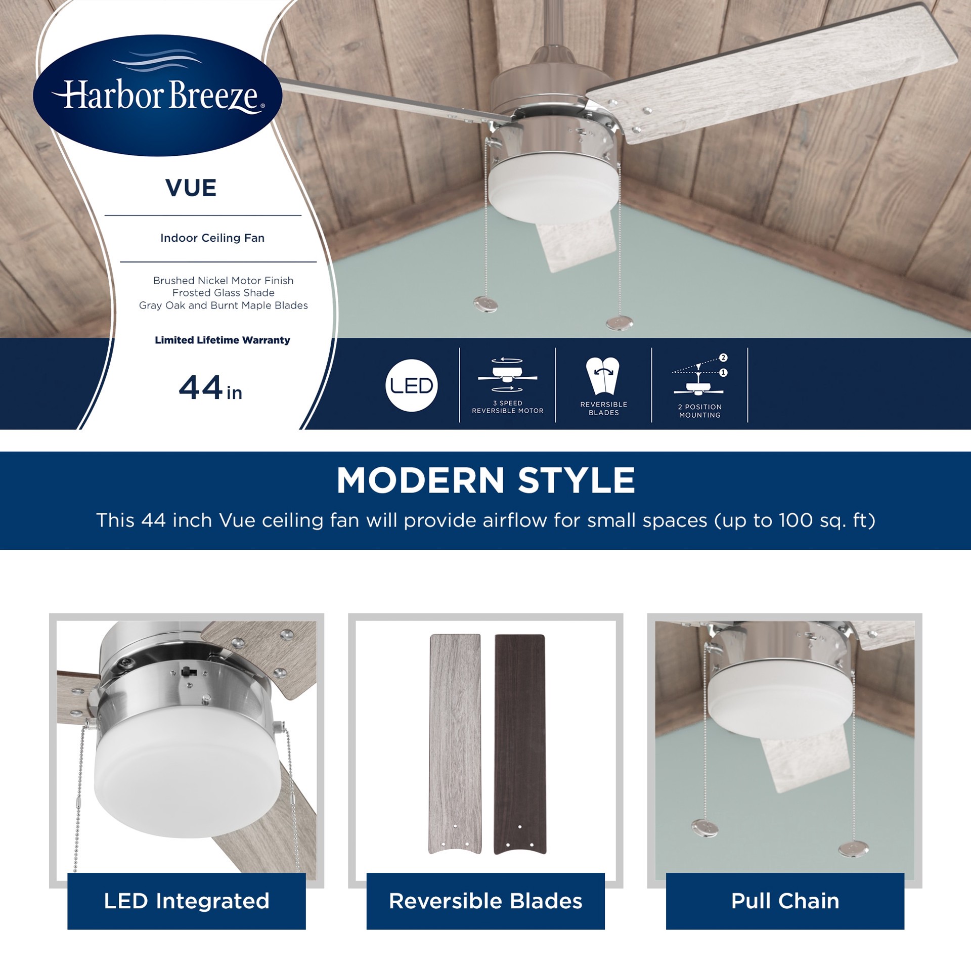 slide 5 of 6, Harbor Breeze Vue 44-in Brushed nickel with Driftwood/cocoa Blades Ceiling Fan With Light 3 -Blade, 1 ct