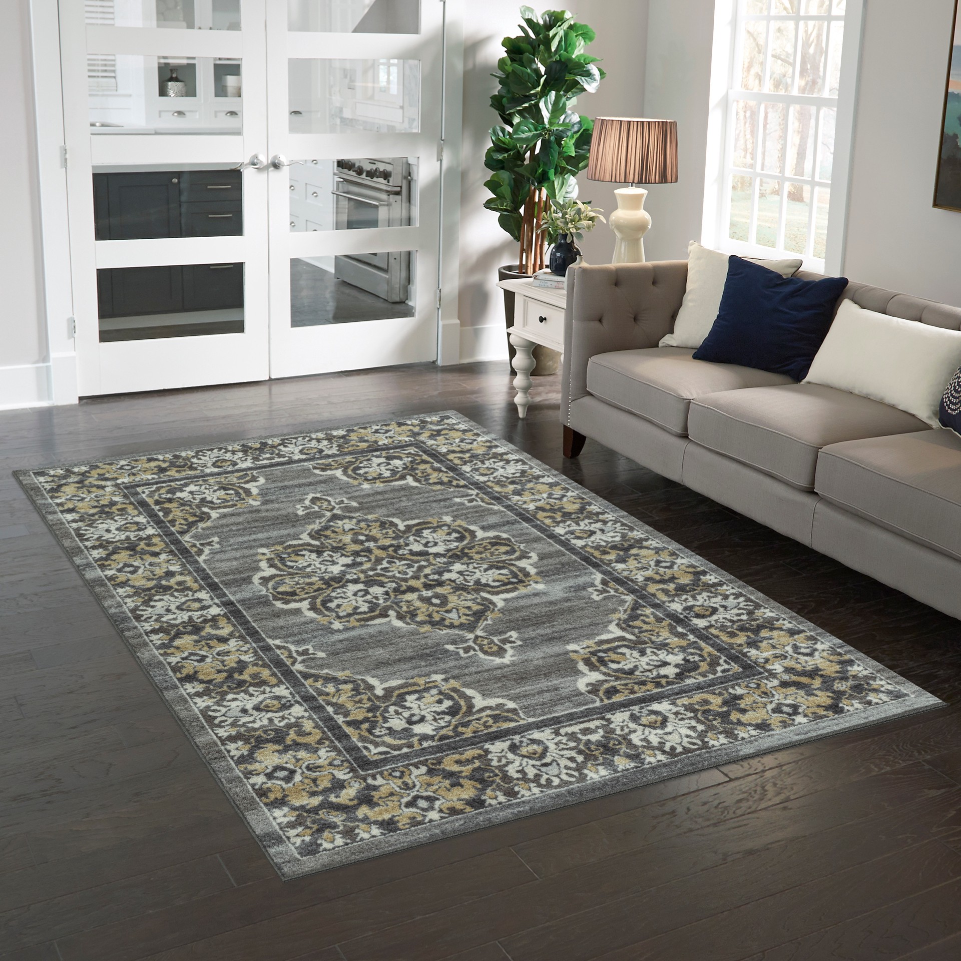 slide 3 of 6, allen + roth 5 x 7 (ft) Tufted Gray Rectangular Indoor Damask Oriental Area rug, 1 ct