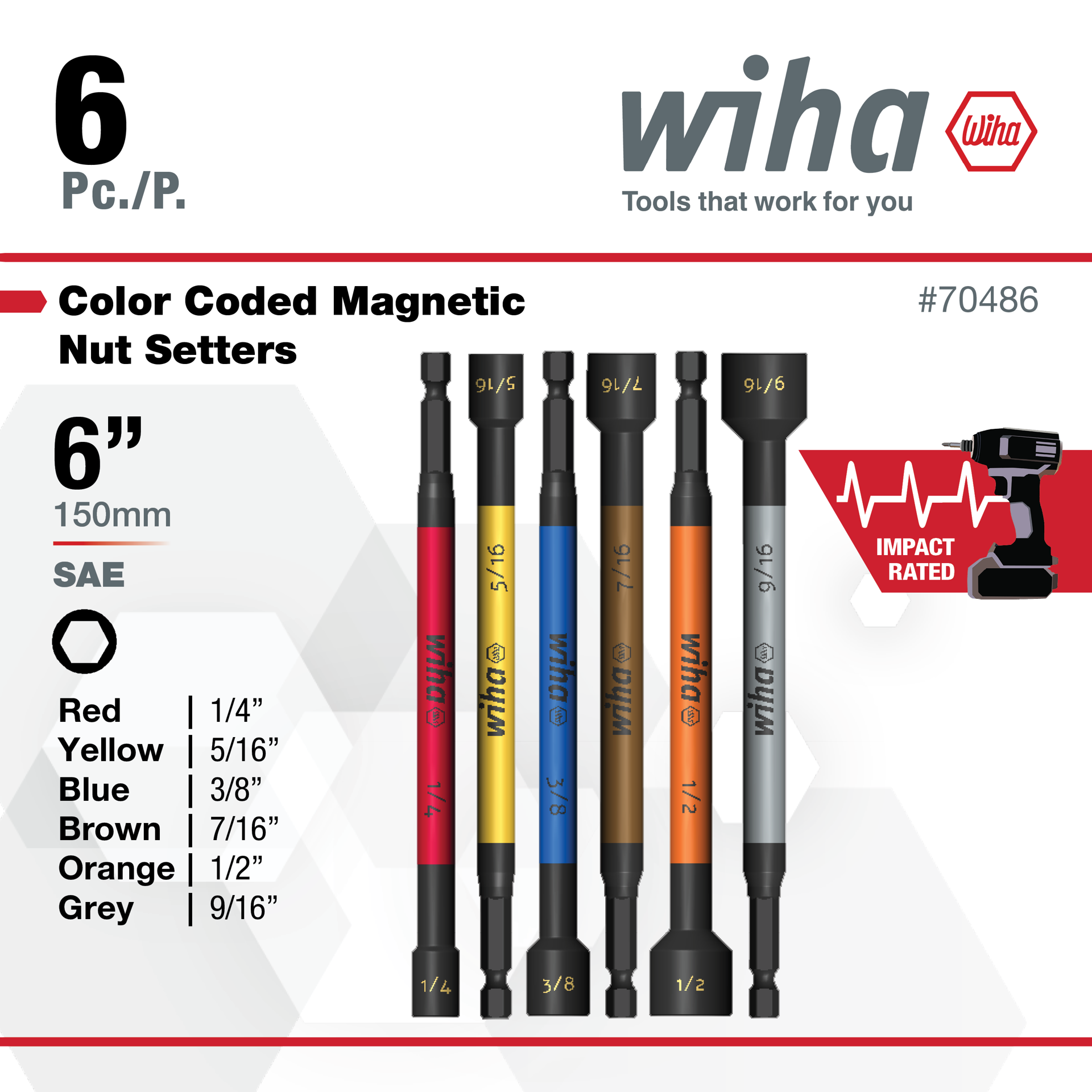slide 3 of 6, Wiha SAE Color-Coded Magnetic 1/4-in x 6-in Nutsetter Impact Driver Bit Set 6 -Piece, 1 ct