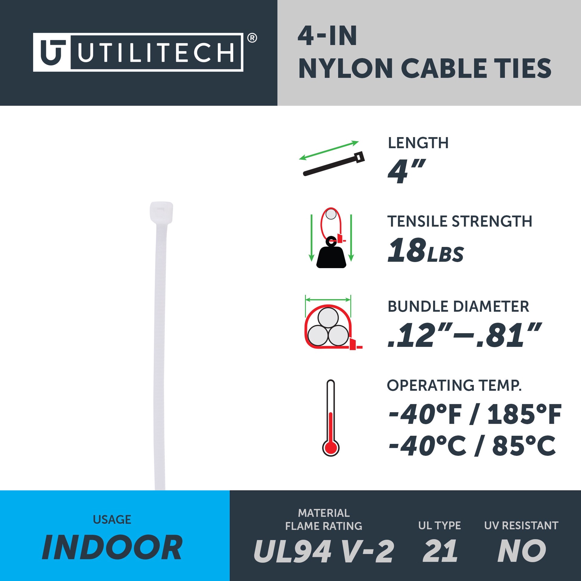 slide 4 of 6, Utilitech 4-in 18.0-lb Tensile Strength Nylon Zip ties White 100 -Pack, 1 ct