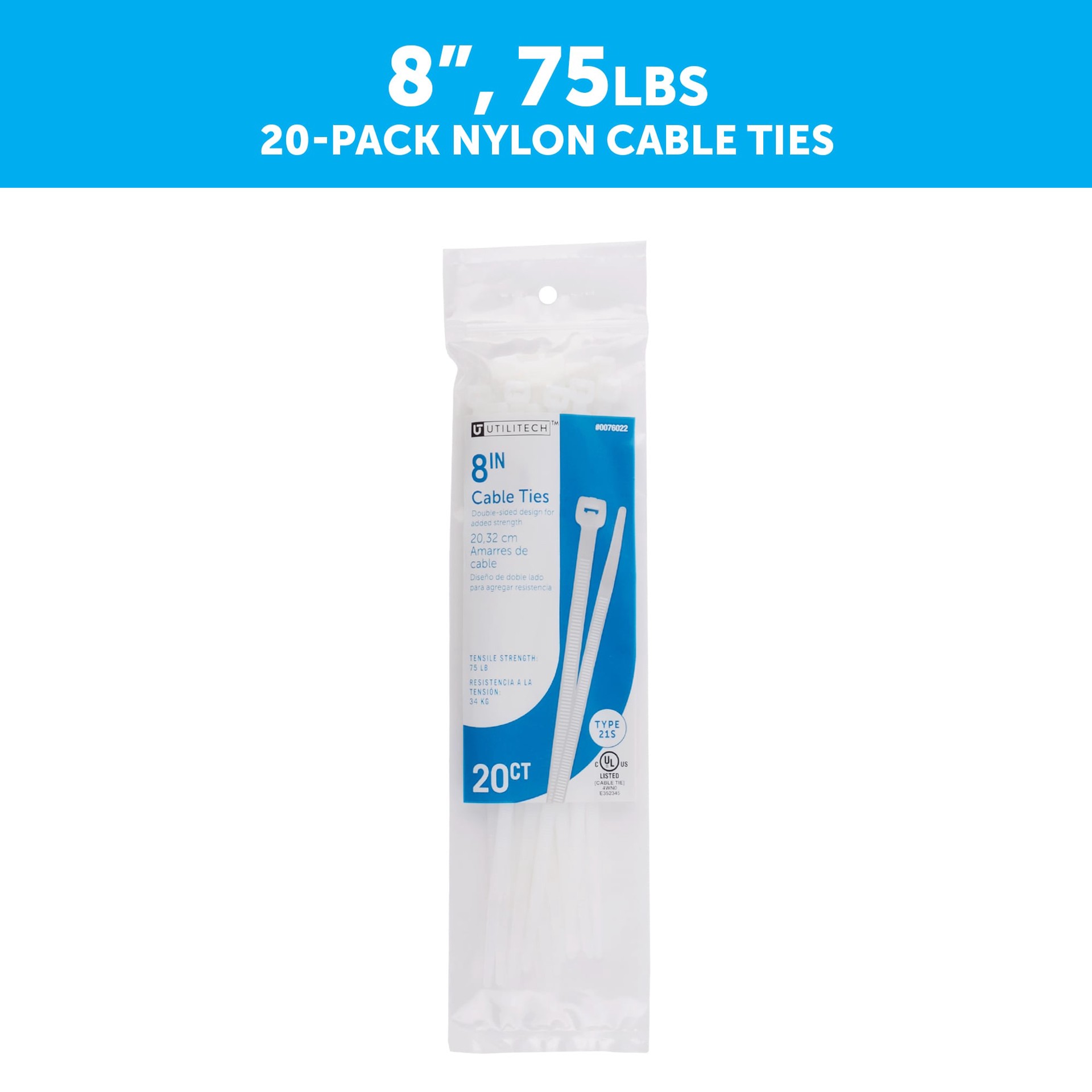 slide 2 of 6, Utilitech 8-in 75-lb Tensile Strength Nylon Zip ties Off-white 20 -Pack, 1 ct