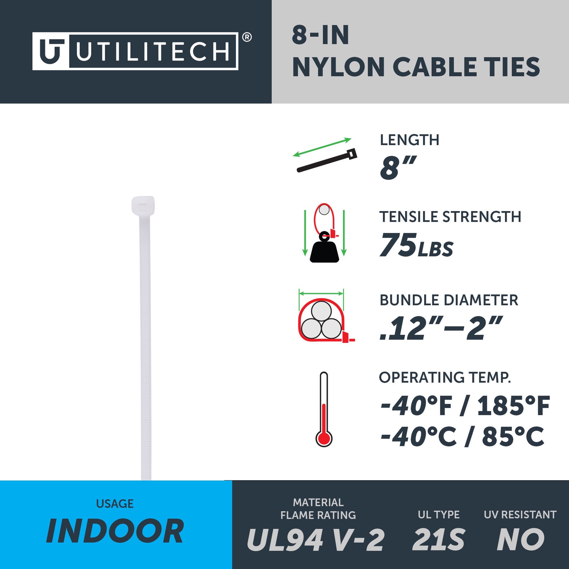 slide 4 of 6, Utilitech 8-in 75.0-lb Tensile Strength Nylon Zip ties Off-white 100 -Pack, 1 ct