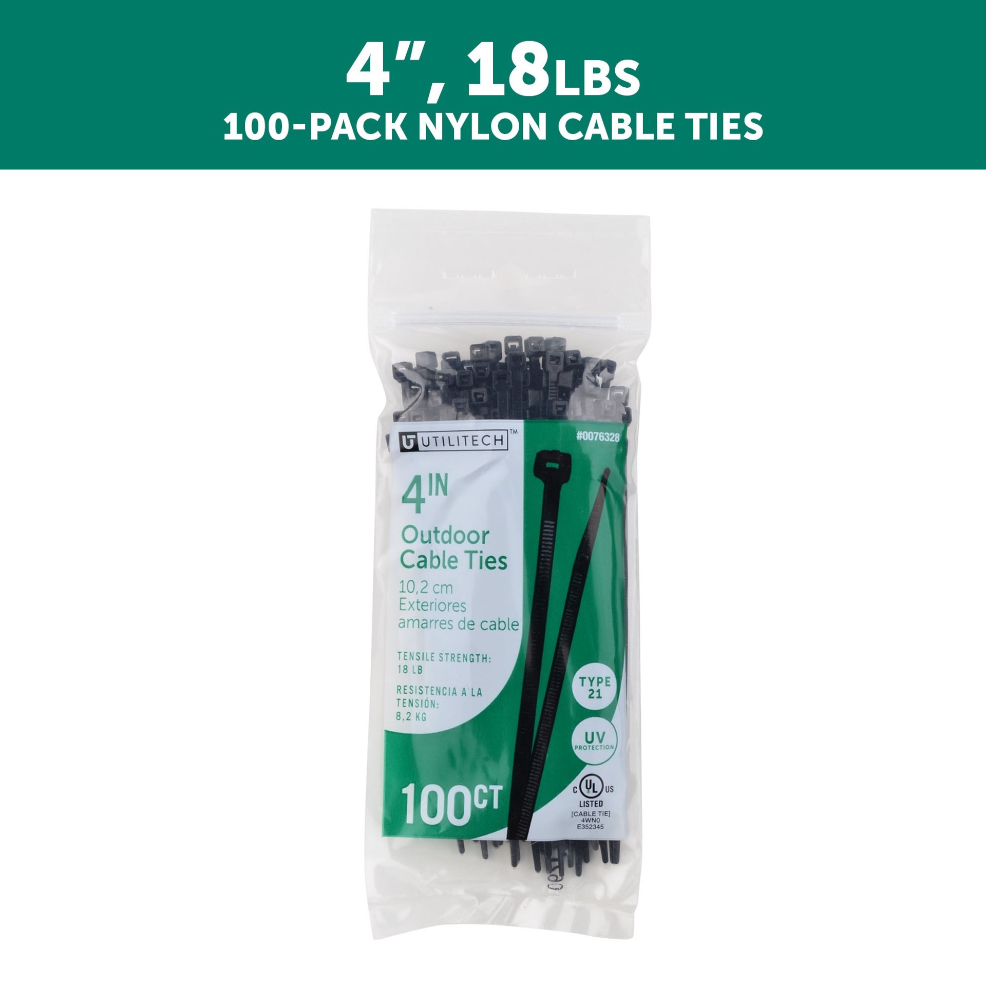 slide 2 of 6, Utilitech 4-in 18-lb Tensile Strength Nylon Zip ties Black with UV Protection 100 -Pack, 1 ct