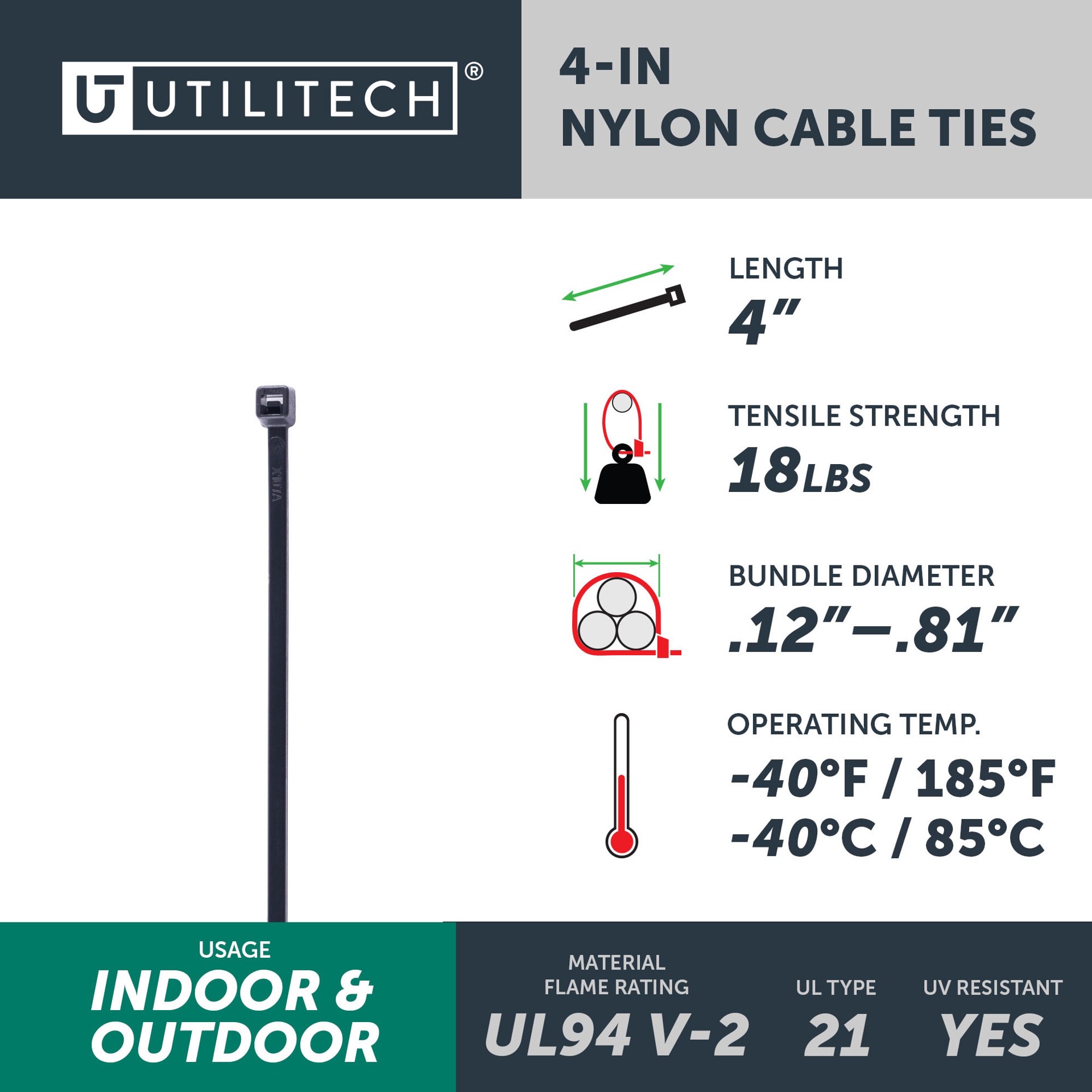 slide 4 of 6, Utilitech 4-in 18-lb Tensile Strength Nylon Zip ties Black with UV Protection 100 -Pack, 1 ct