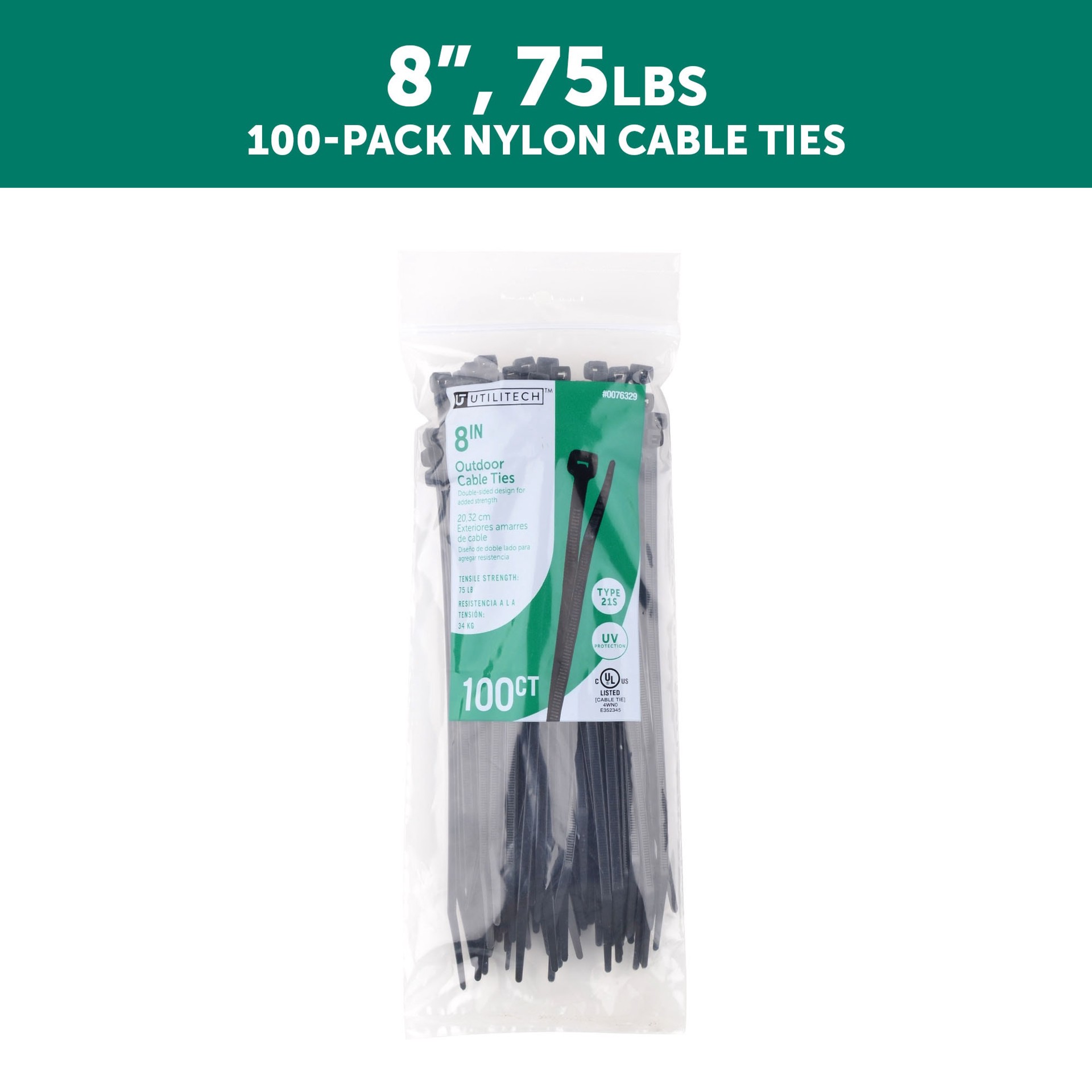 slide 2 of 6, Utilitech 8-in 74-lb Tensile Strength Nylon Zip ties Black with UV Protection 100 -Pack, 1 ct