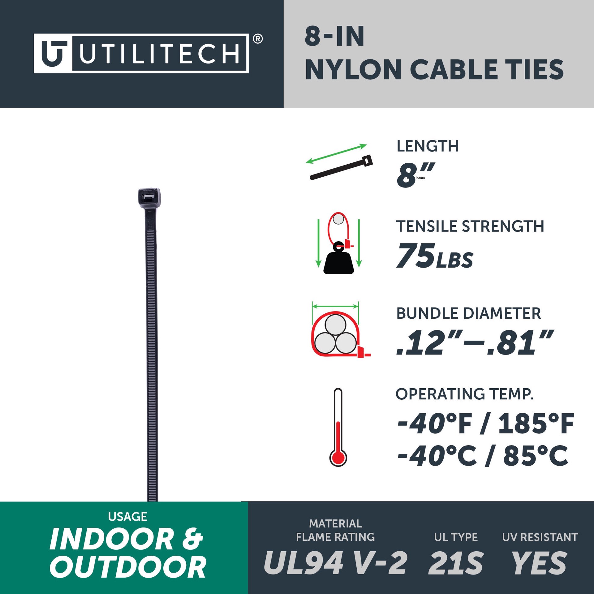 slide 4 of 6, Utilitech 8-in 74-lb Tensile Strength Nylon Zip ties Black with UV Protection 100 -Pack, 1 ct