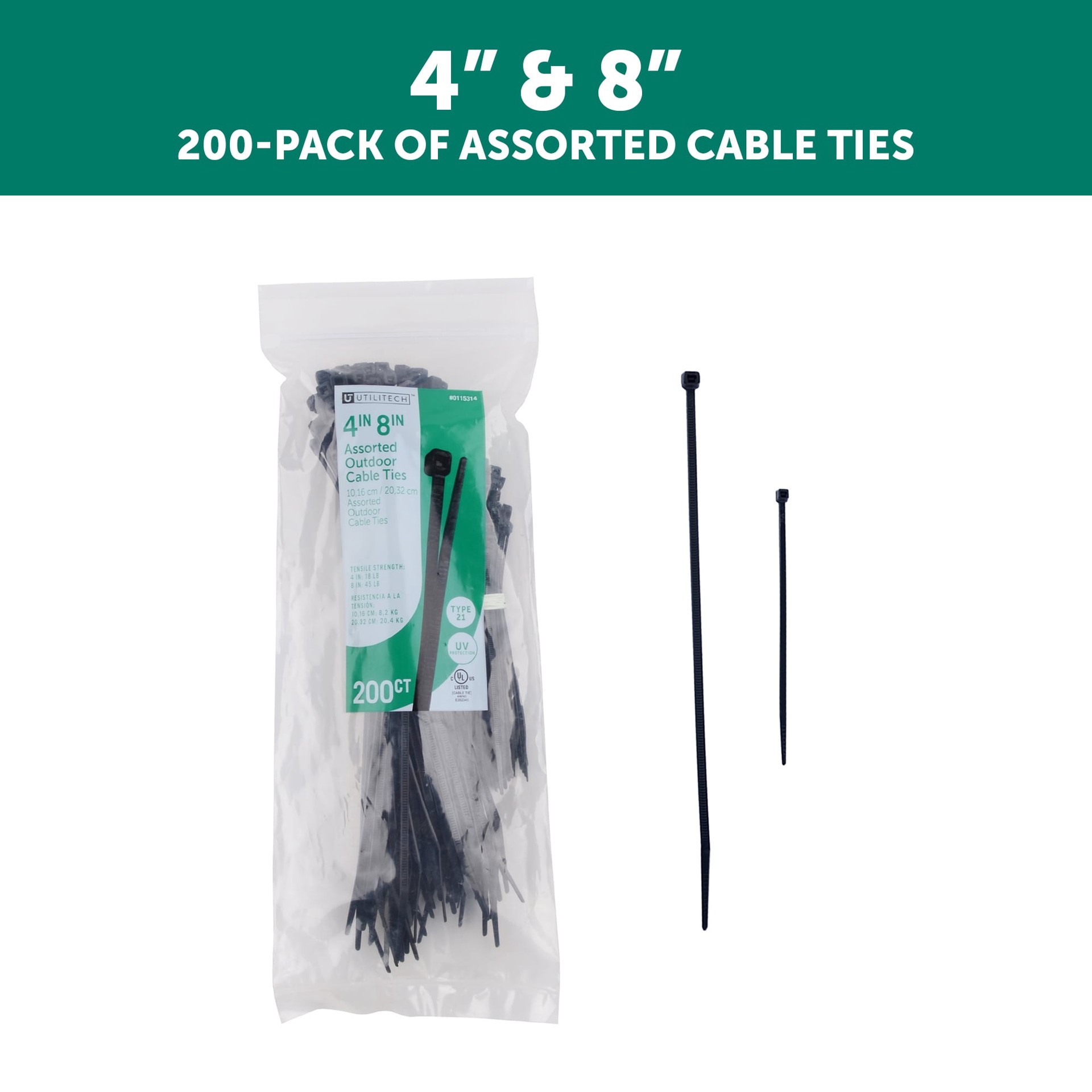 slide 2 of 6, Utilitech 45.0-lb Tensile Strength Multiple Sizes Nylon Zip ties Black with UV Protection 200 -Pack, 1 ct