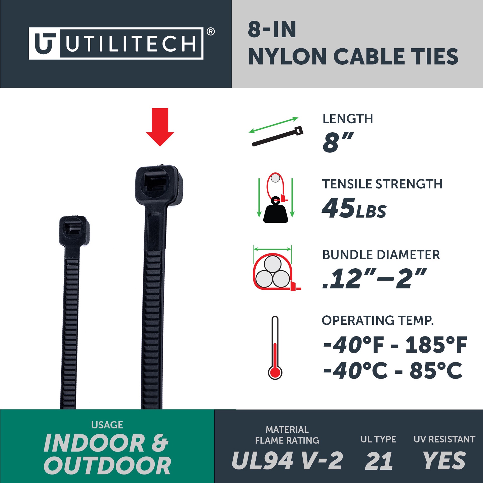 slide 5 of 6, Utilitech 45.0-lb Tensile Strength Multiple Sizes Nylon Zip ties Black with UV Protection 200 -Pack, 1 ct