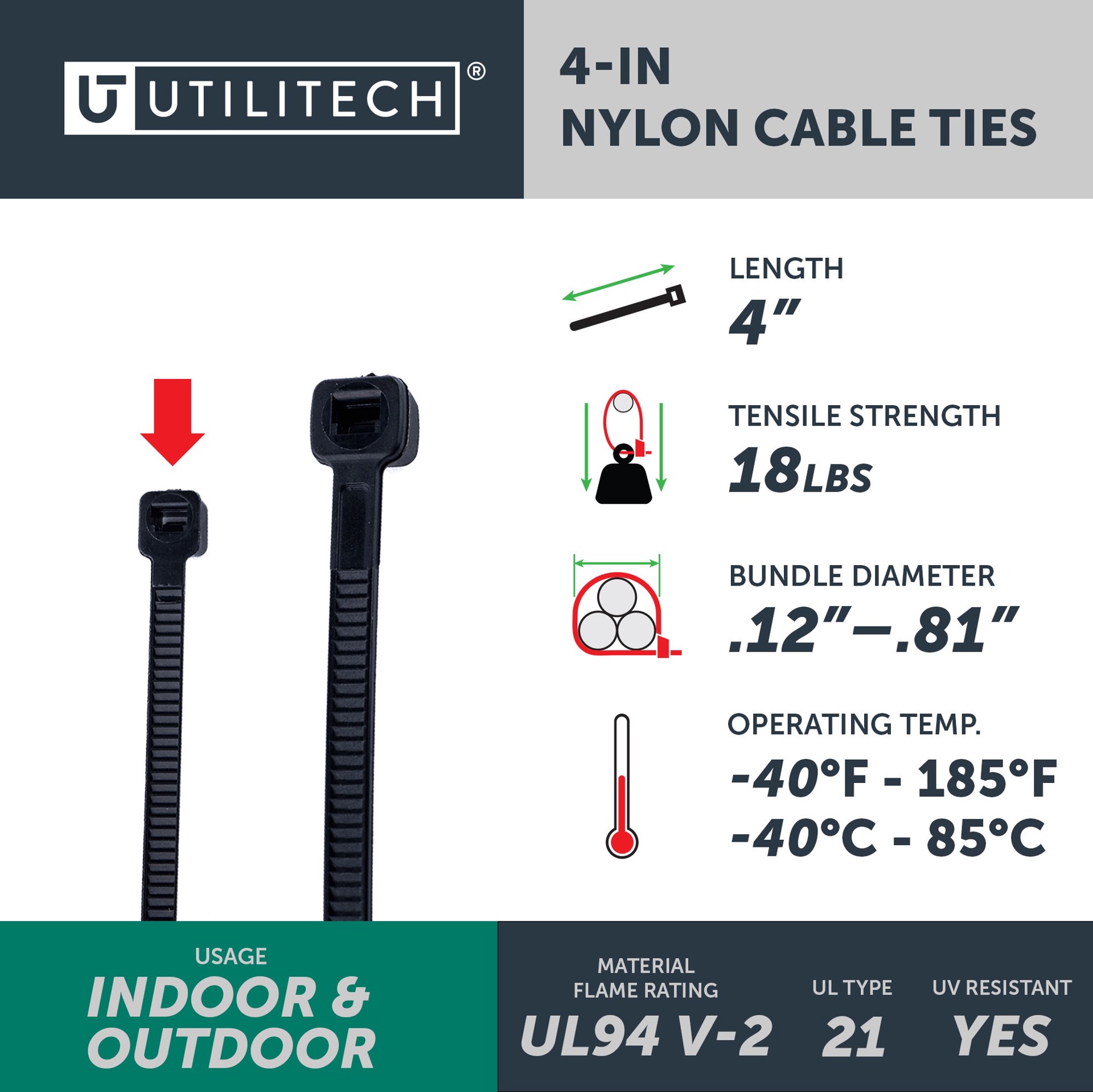 slide 4 of 6, Utilitech 45.0-lb Tensile Strength Multiple Sizes Nylon Zip ties Black with UV Protection 200 -Pack, 1 ct
