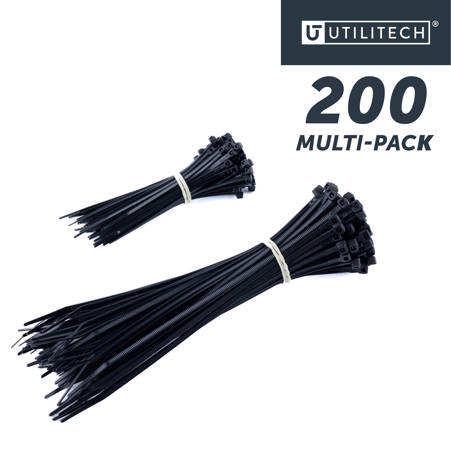slide 6 of 6, Utilitech 45.0-lb Tensile Strength Multiple Sizes Nylon Zip ties Black with UV Protection 200 -Pack, 1 ct