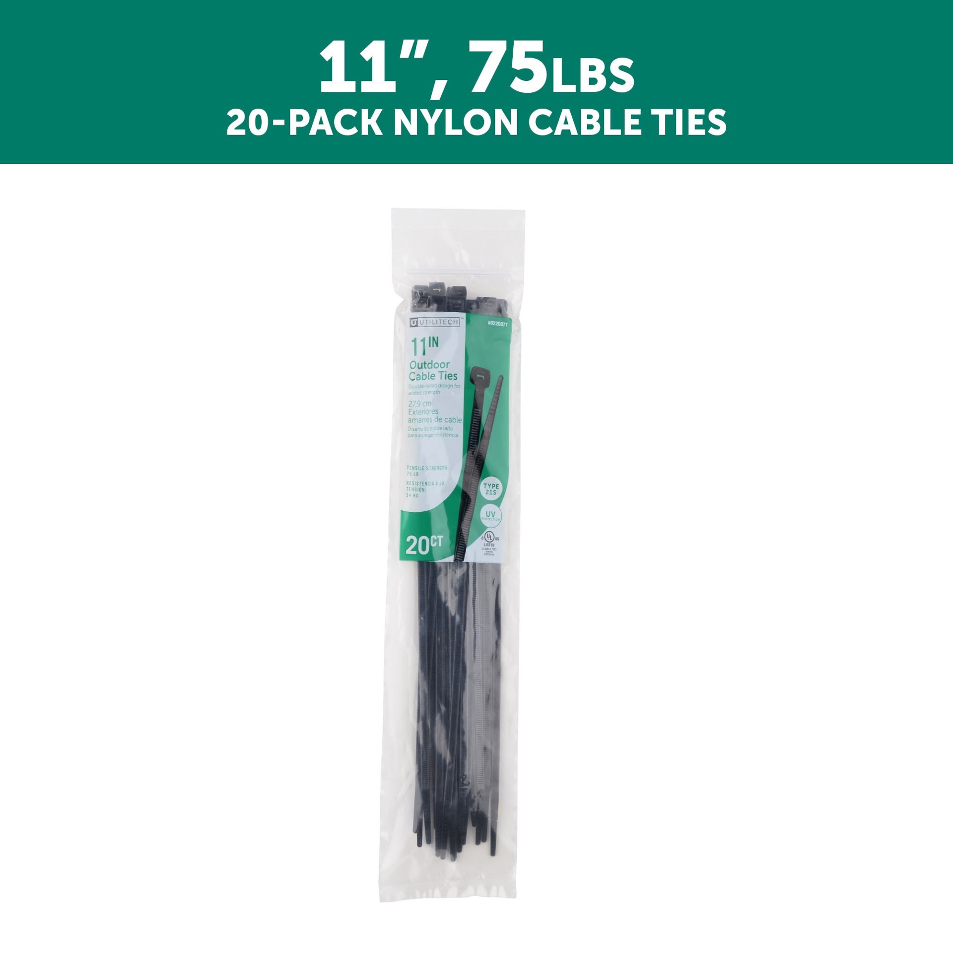 slide 2 of 6, Utilitech 11-in 75-lb Tensile Strength Nylon Zip ties Black with UV Protection 20 -Pack, 1 ct