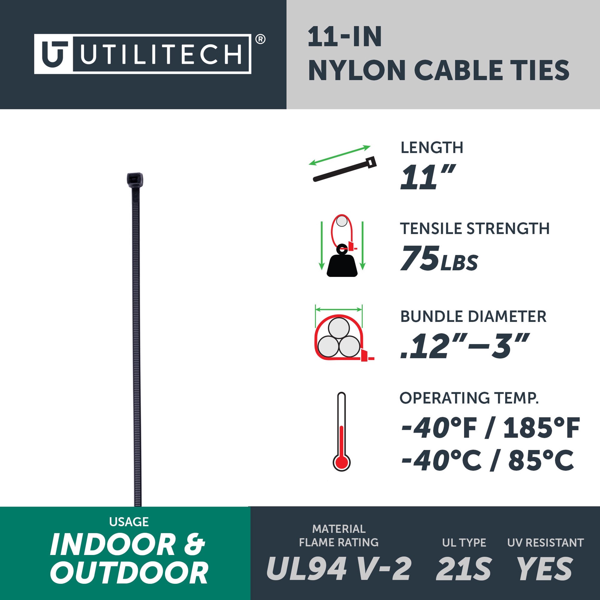 slide 4 of 6, Utilitech 11-in 75-lb Tensile Strength Nylon Zip ties Black with UV Protection 20 -Pack, 1 ct