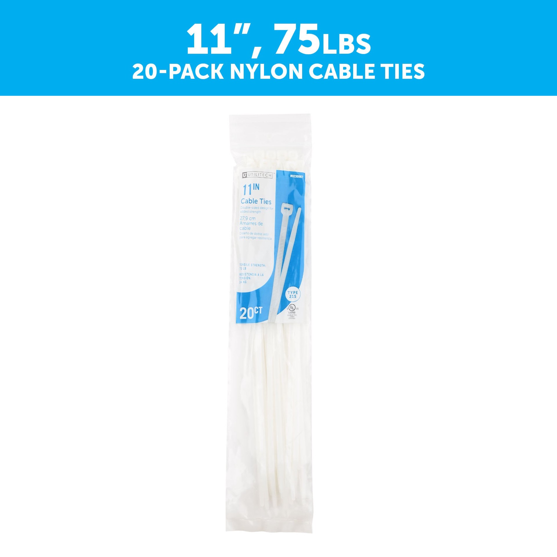 slide 2 of 6, Utilitech 11-in 75-lb Tensile Strength Nylon Zip ties Off-white 20 -Pack, 1 ct