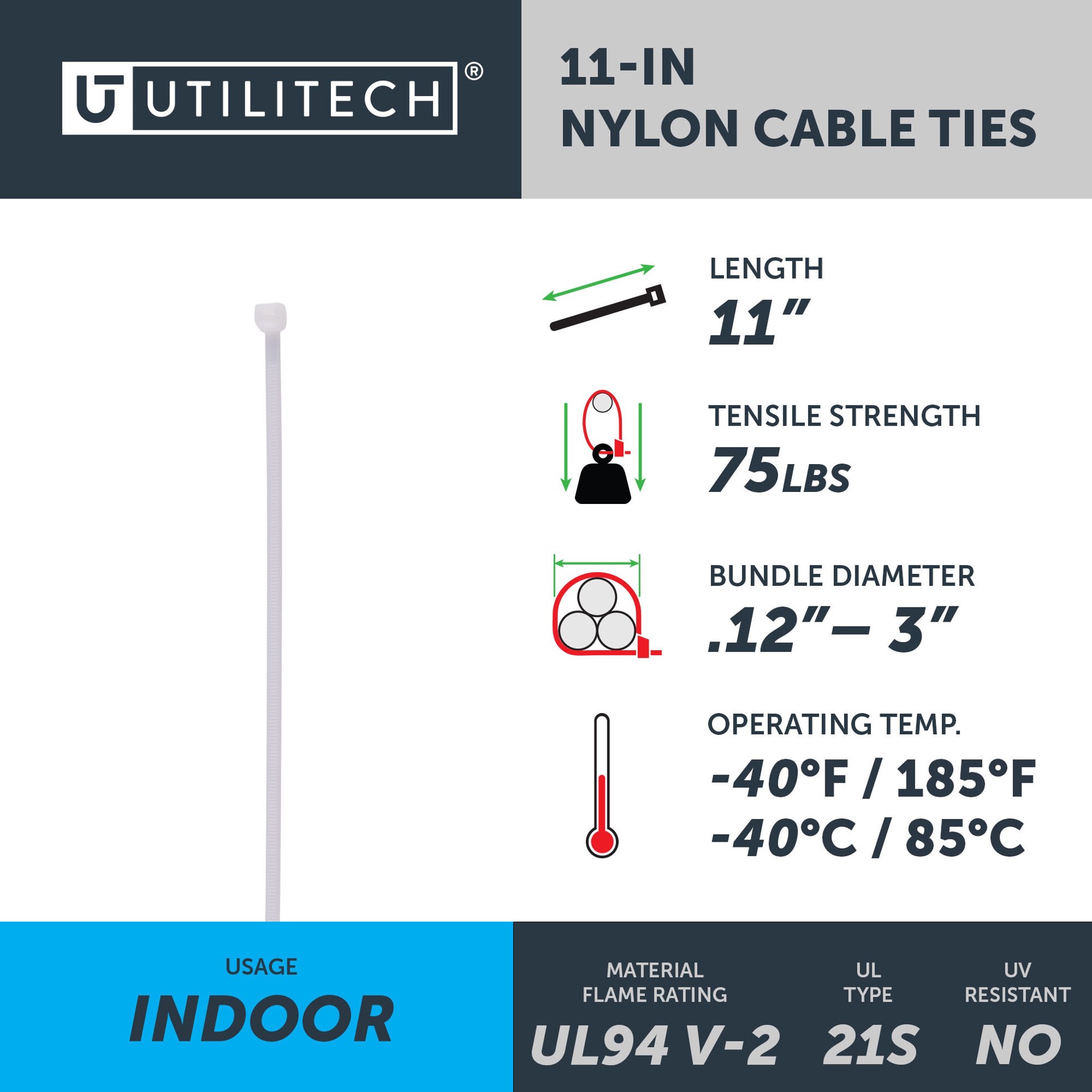 slide 4 of 6, Utilitech 11-in 75-lb Tensile Strength Nylon Zip ties Off-white 20 -Pack, 1 ct