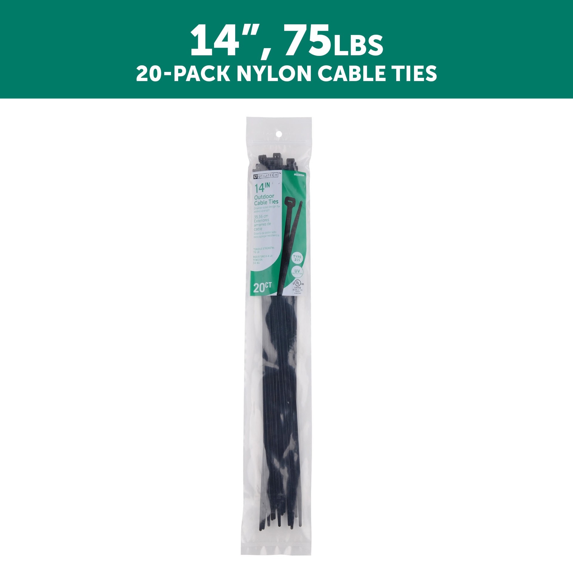slide 2 of 6, Utilitech 14-in 75.0-lb Tensile Strength Nylon Zip ties Black with UV Protection 20 -Pack, 1 ct
