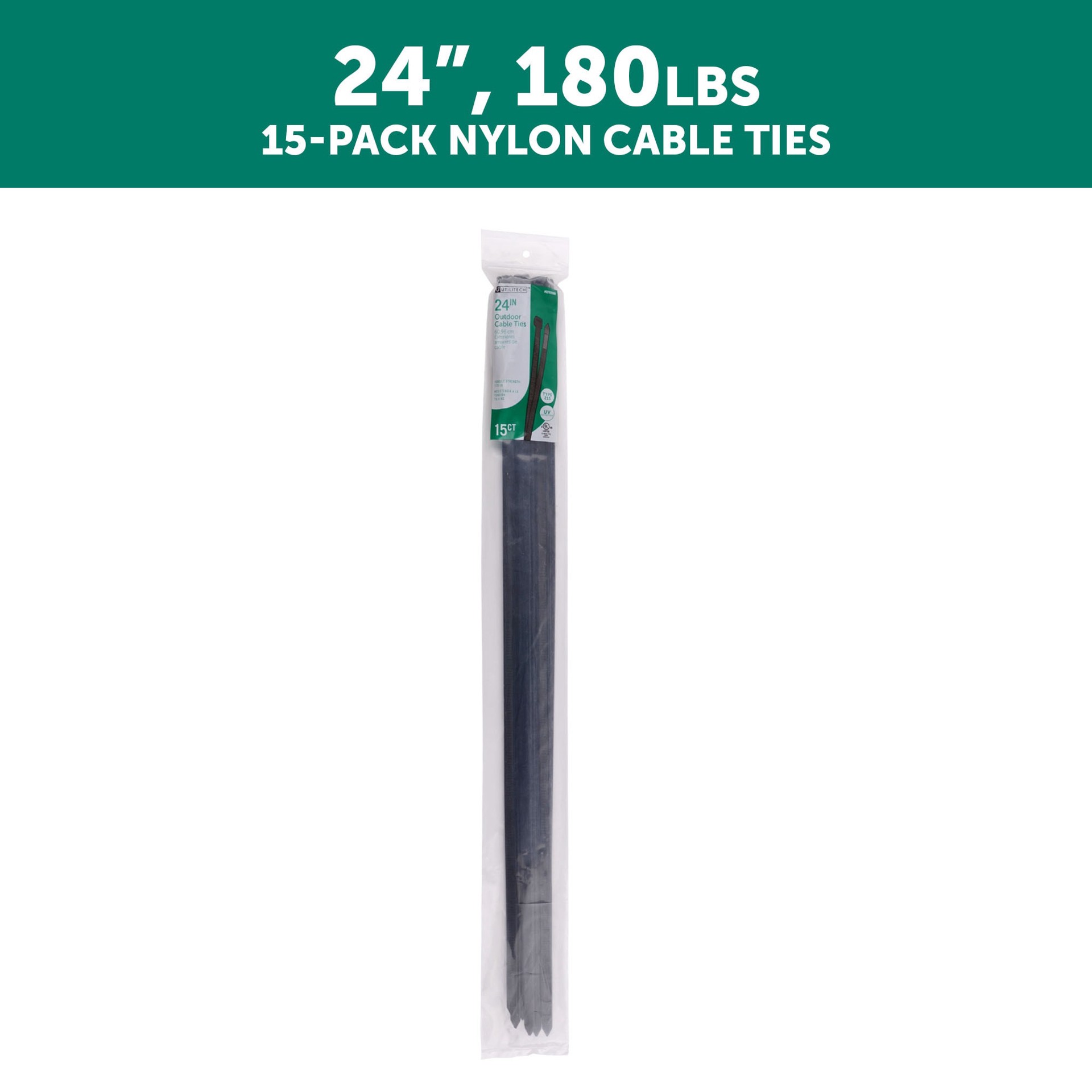 slide 2 of 6, Utilitech 24-in 180-lb Tensile Strength Nylon Zip ties Black with UV Protection 15 -Pack, 1 ct