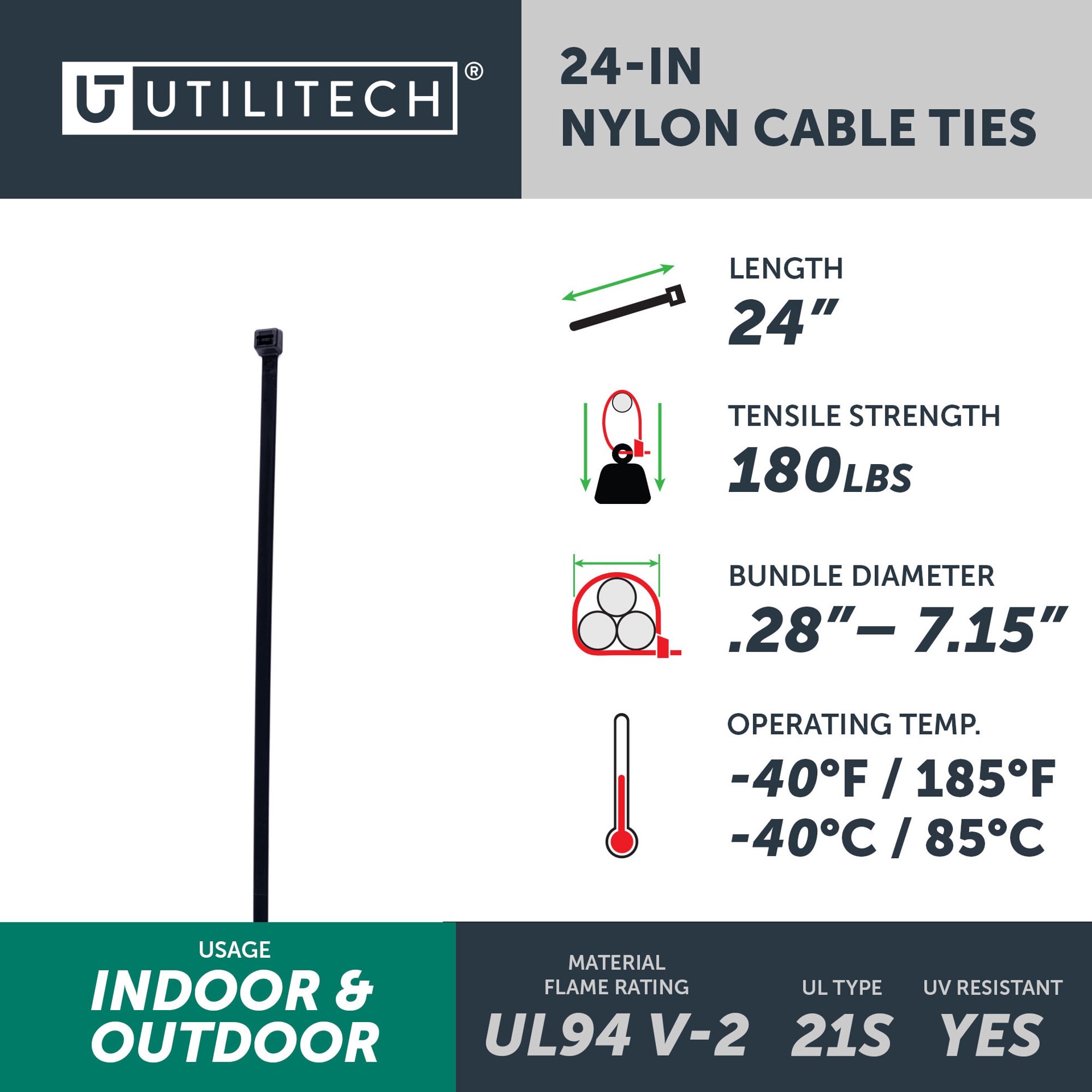 slide 4 of 6, Utilitech 24-in 180-lb Tensile Strength Nylon Zip ties Black with UV Protection 15 -Pack, 1 ct
