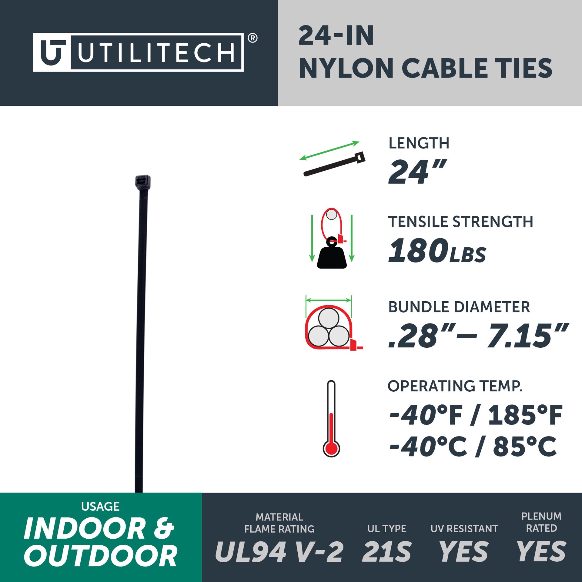 slide 4 of 6, Utilitech 24-in 180-lb Tensile Strength Nylon Standard zip ties Black with UV Protection 15 -Pack, 1 ct