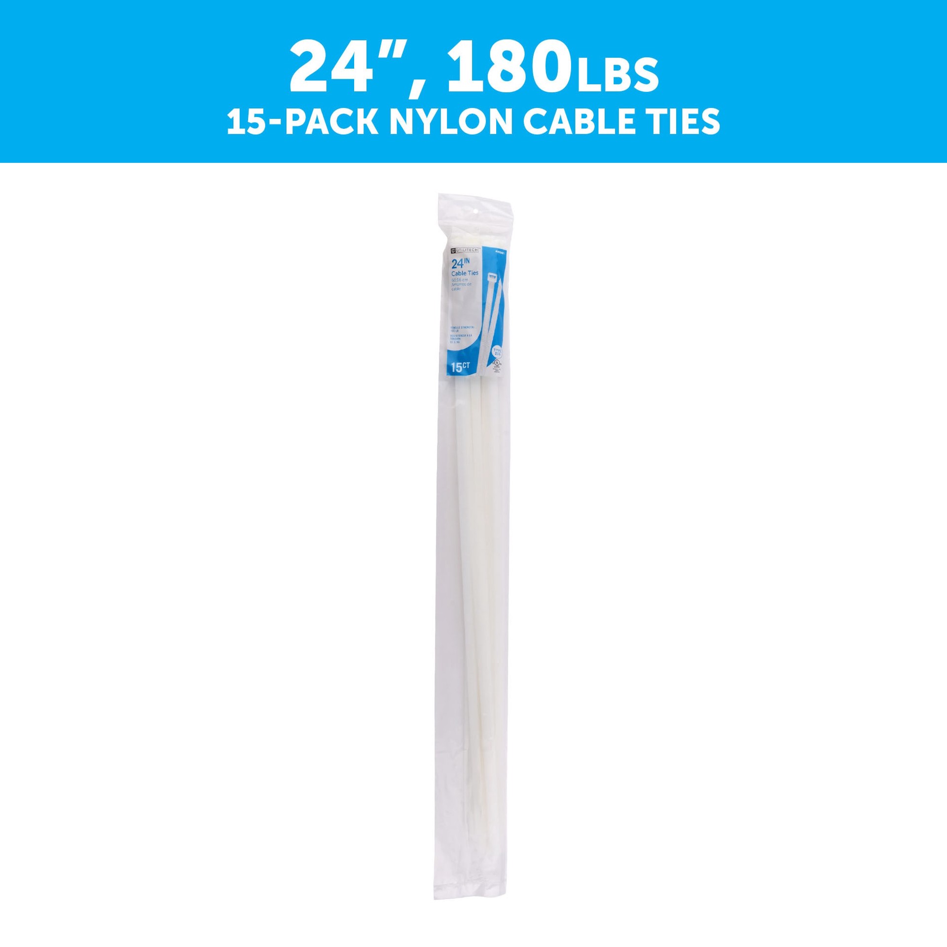 slide 2 of 6, Utilitech 24-in 180-lb Tensile Strength Nylon Zip ties Off-white 15 -Pack, 1 ct