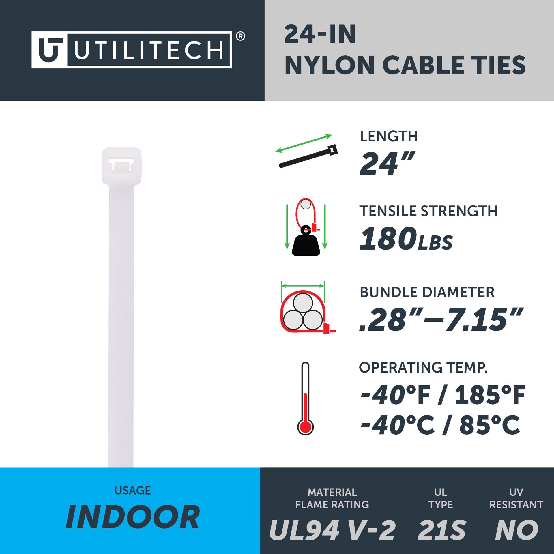 slide 4 of 6, Utilitech 24-in 180-lb Tensile Strength Nylon Zip ties Off-white 15 -Pack, 1 ct