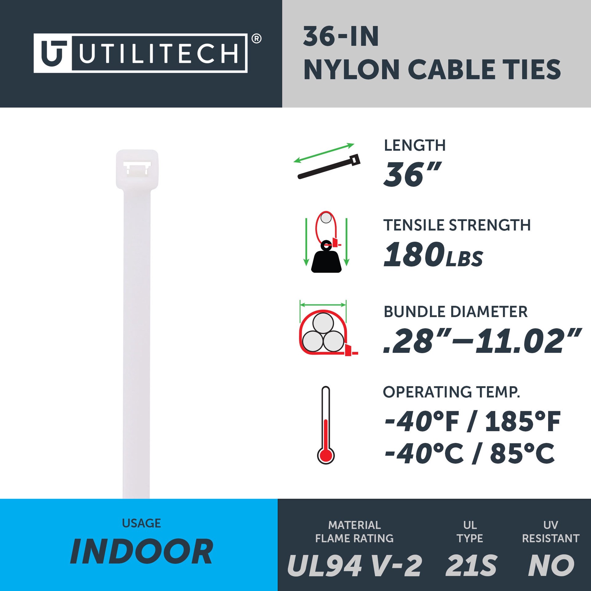 slide 4 of 6, Utilitech 36-in 180.0-lb Tensile Strength Nylon Zip ties Off-white 15 -Pack, 1 ct