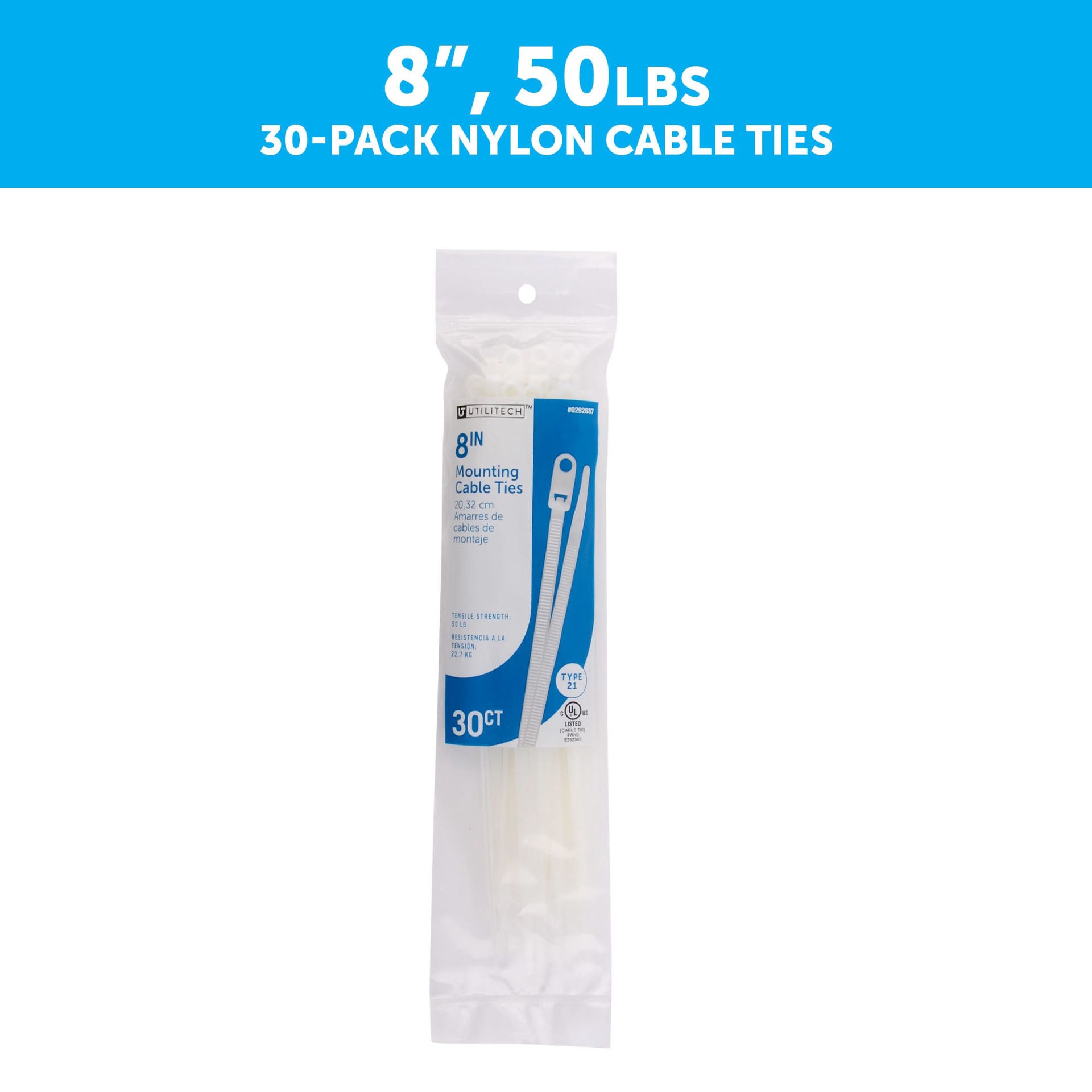 slide 2 of 6, Utilitech 8-in 50-lb Tensile Strength Nylon Zip ties Off-white 30 -Pack, 1 ct