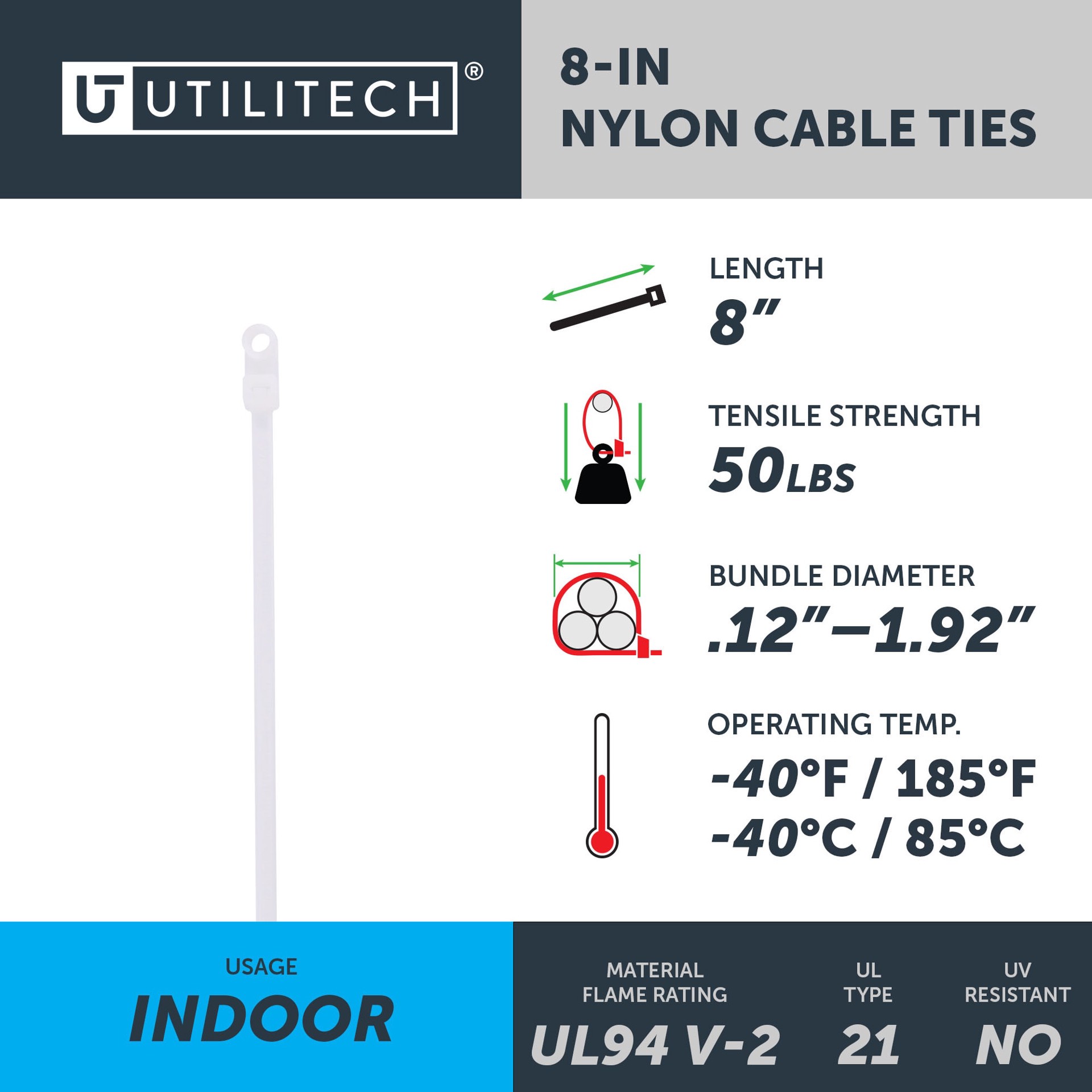 slide 4 of 6, Utilitech 8-in 50-lb Tensile Strength Nylon Zip ties Off-white 30 -Pack, 1 ct