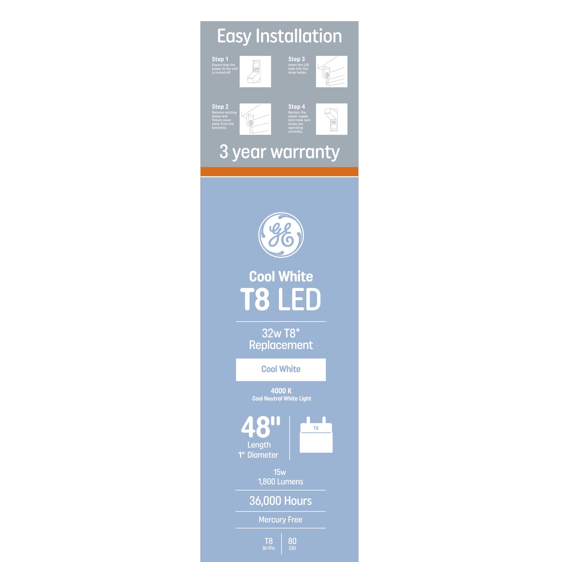 slide 4 of 6, GE T8 LED Replacement 32 -Watt EQ T8 Cool white Medium bi-pin (T8) LED Tube Light Bulb 20 -Pack, 1 ct
