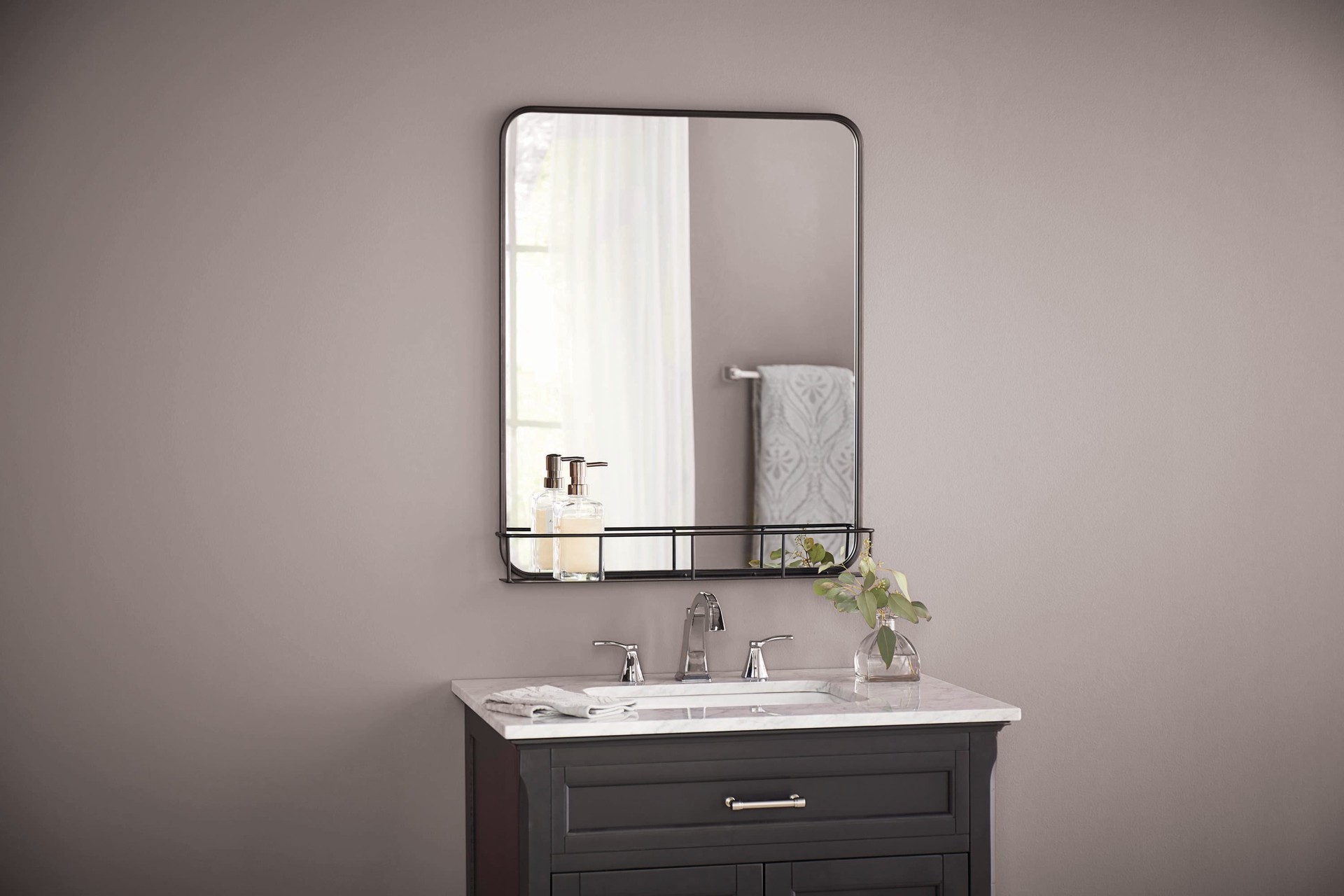 slide 5 of 6, allen + roth 24-in x 30-in Framed Rectangle Bathroom Vanity Mirror ( Black ), 1 ct