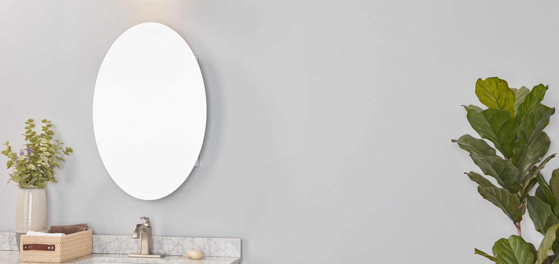 slide 4 of 6, allen + roth 21-in x 31-in Surface Mount Frameless Mirrored Oval Medicine Cabinet, 1 ct