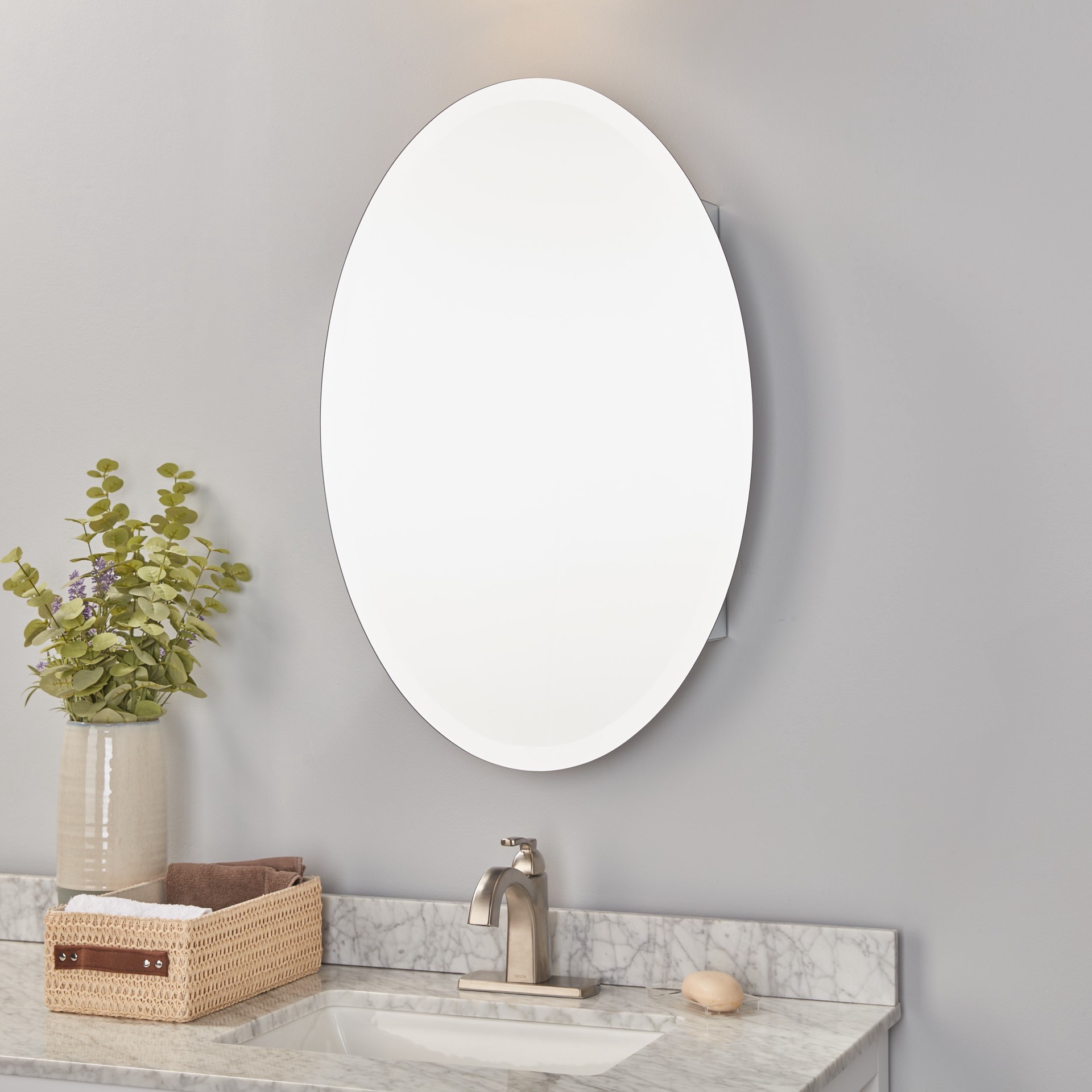 slide 5 of 6, allen + roth 21-in x 31-in Surface Mount Frameless Mirrored Oval Medicine Cabinet, 1 ct