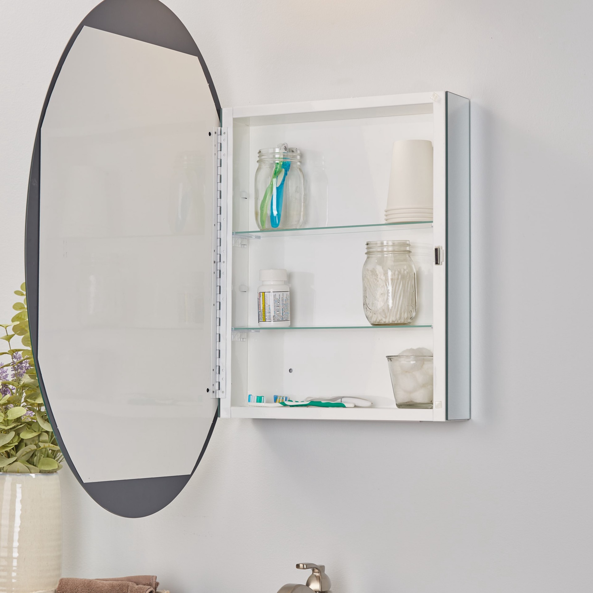 slide 6 of 6, allen + roth 21-in x 31-in Surface Mount Frameless Mirrored Oval Medicine Cabinet, 1 ct