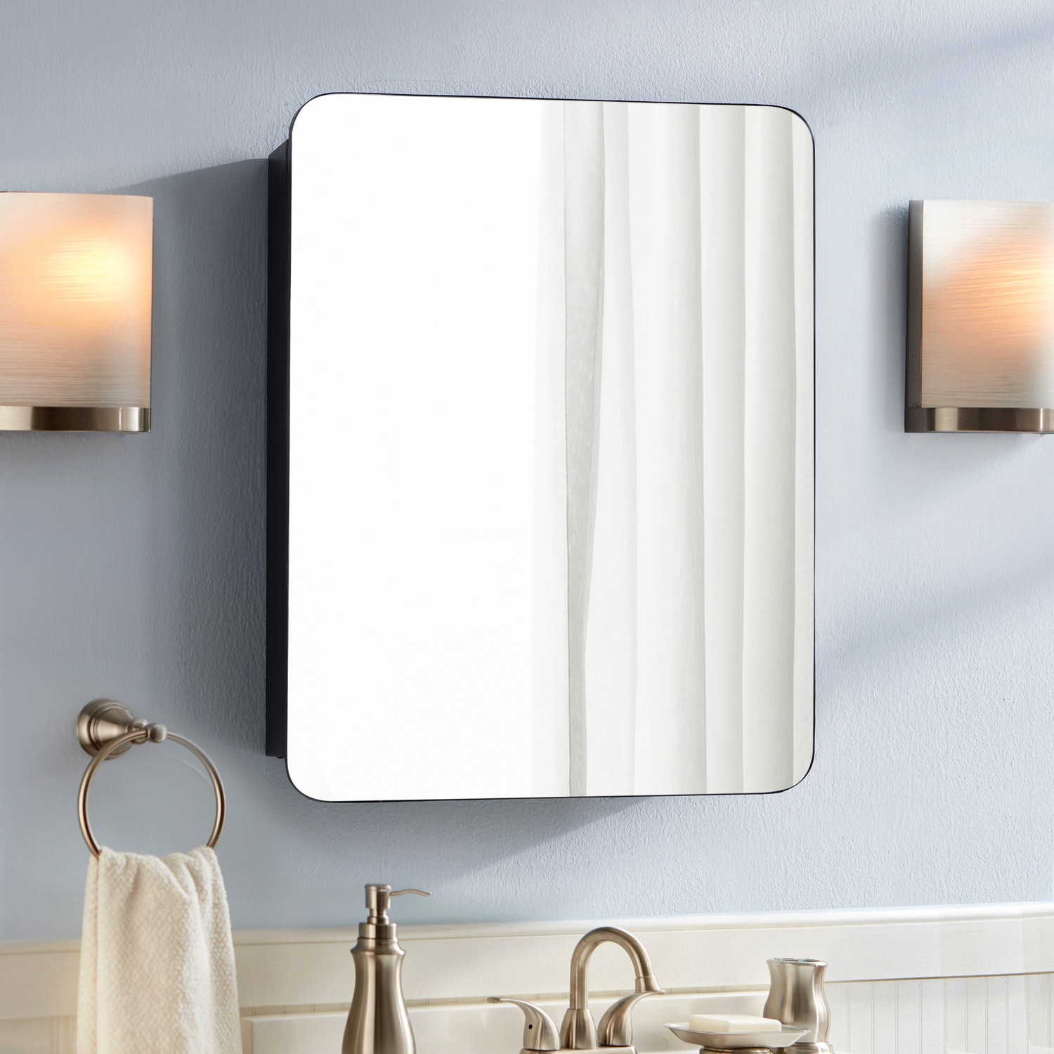 slide 1 of 6, allen + roth 20-in x 26-in Surface/Recessed Mount Matte Black Mirrored Square Soft Close Medicine Cabinet, 1 ct