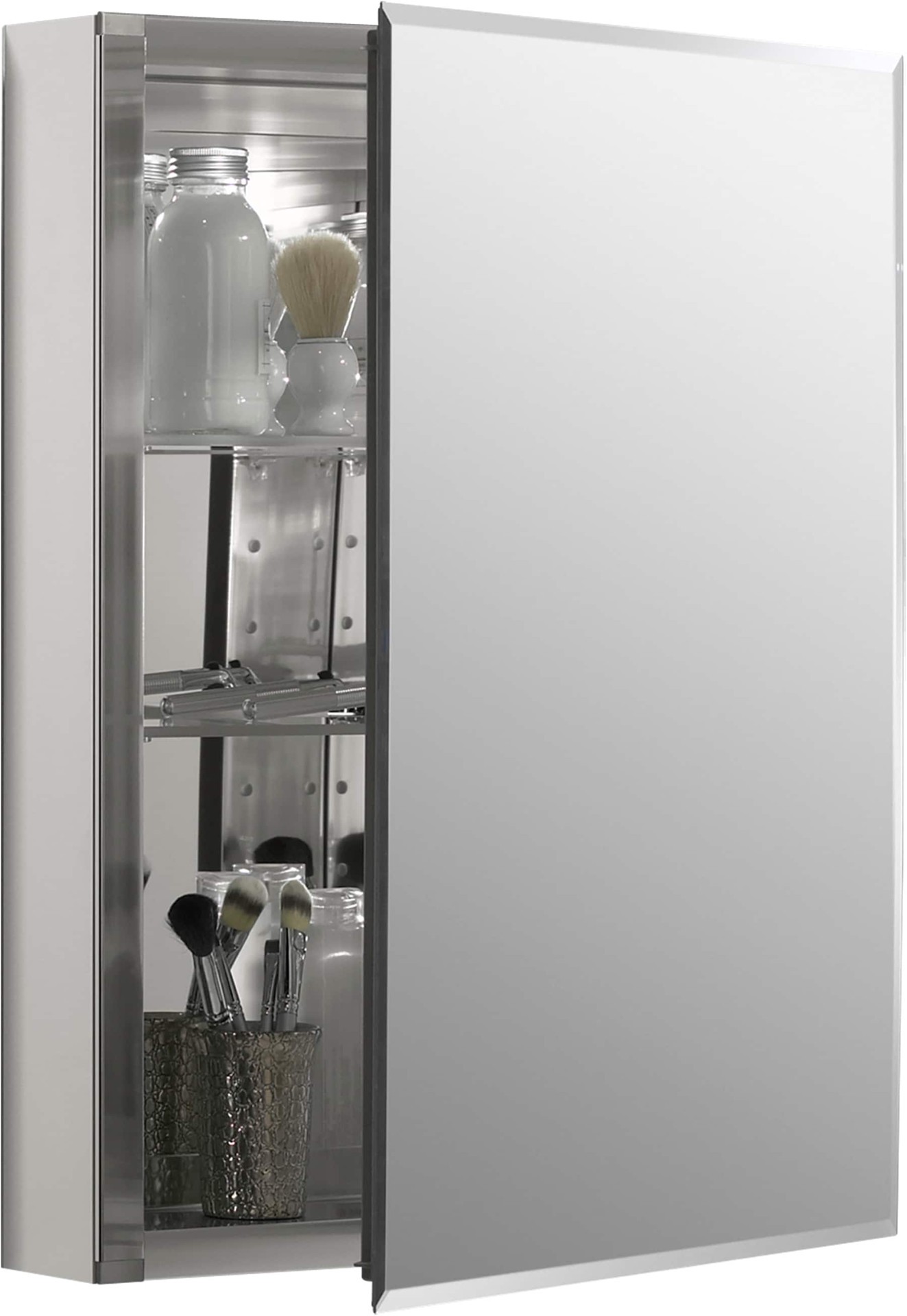 slide 6 of 6, KOHLER 20-in x 26.125-in Surface/Recessed Mount Anodized aluminum Mirrored Rectangle Soft Close Medicine Cabinet, 1 ct