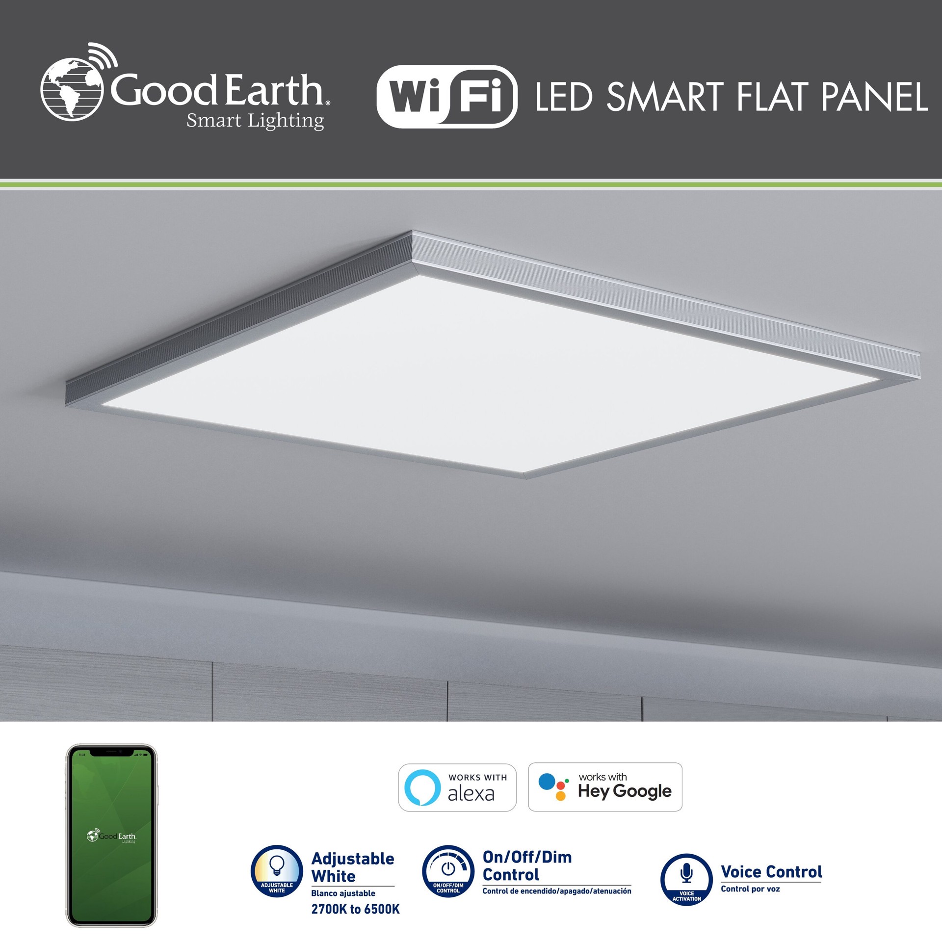 slide 4 of 6, Good Earth Lighting Smart Flat Panel 1 -Light 23.7-in Brushed Nickel Integrated LED Flush Mount Light, 1 ct