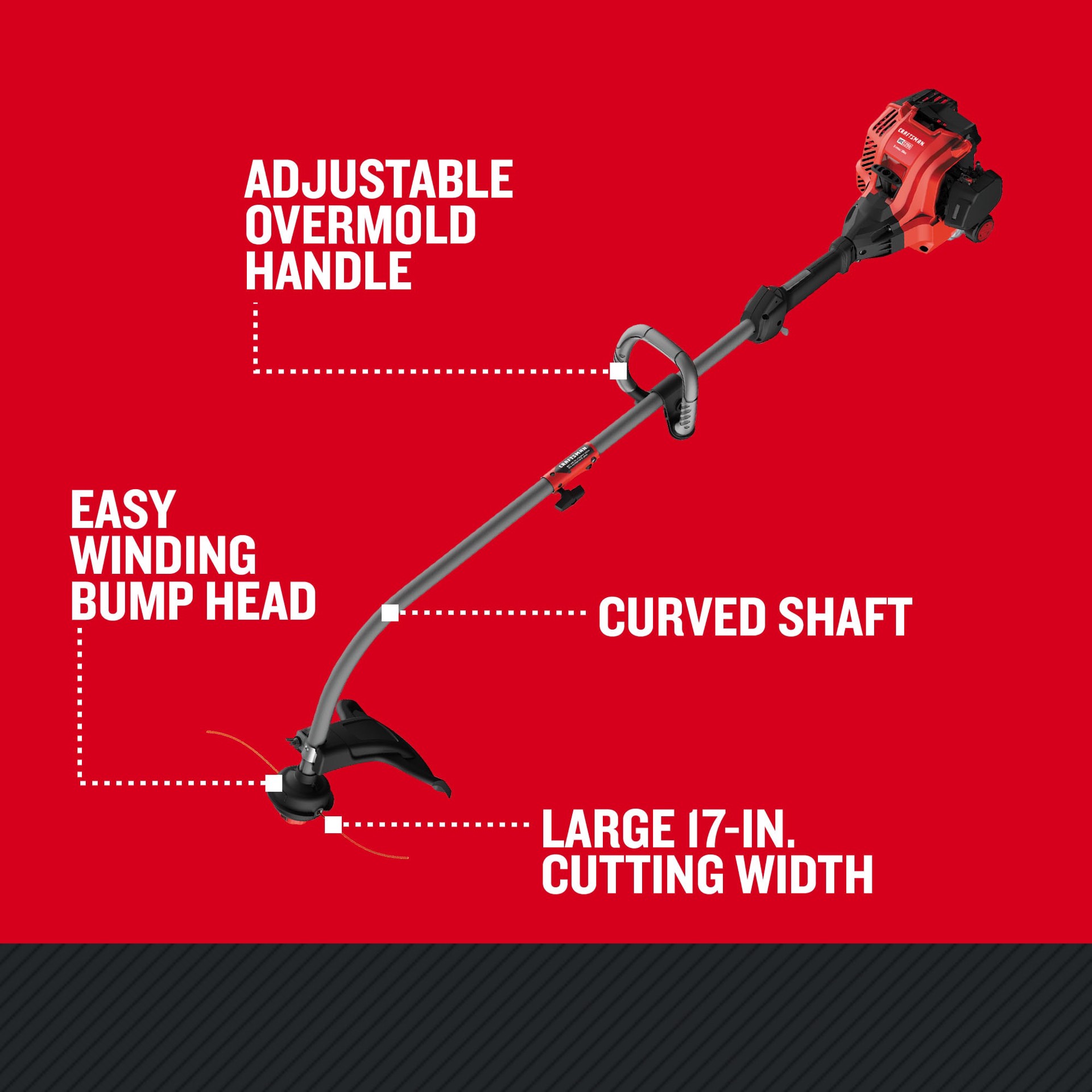 slide 5 of 6, CRAFTSMAN WC2200 25-cc 2-cycle 17-in Curved Shaft Attachment Capable Gas String Trimmer, 1 ct