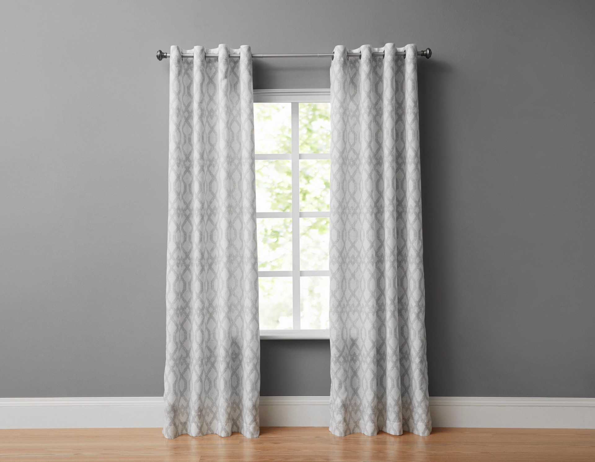 slide 2 of 3, Style Selections 84-in Grey Geometric Light filtering Grommet Single curtain panel, 1 ct