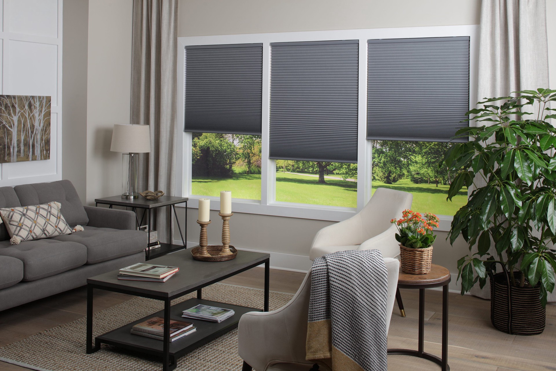 slide 4 of 6, allen + roth 27-in x 72-in Gray Room Darkening Blackout Cordless Motorized Cellular Shade, 1 ct