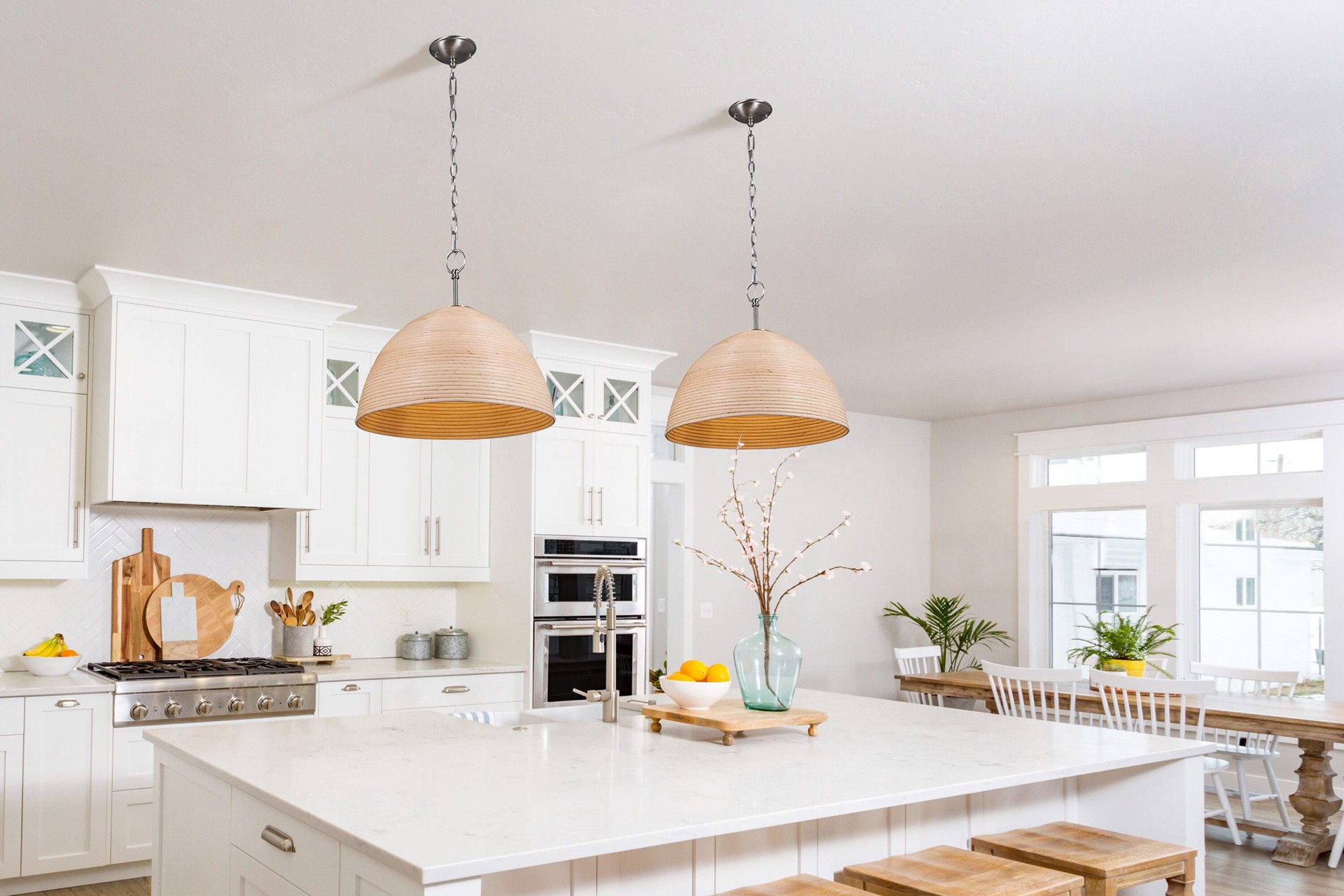 slide 3 of 6, allen + roth Arden 1 -Light Brushed Nickel Canopy With Light Natural Rattan Shade Transitional Dome Medium Hanging Pendant light, 1 ct